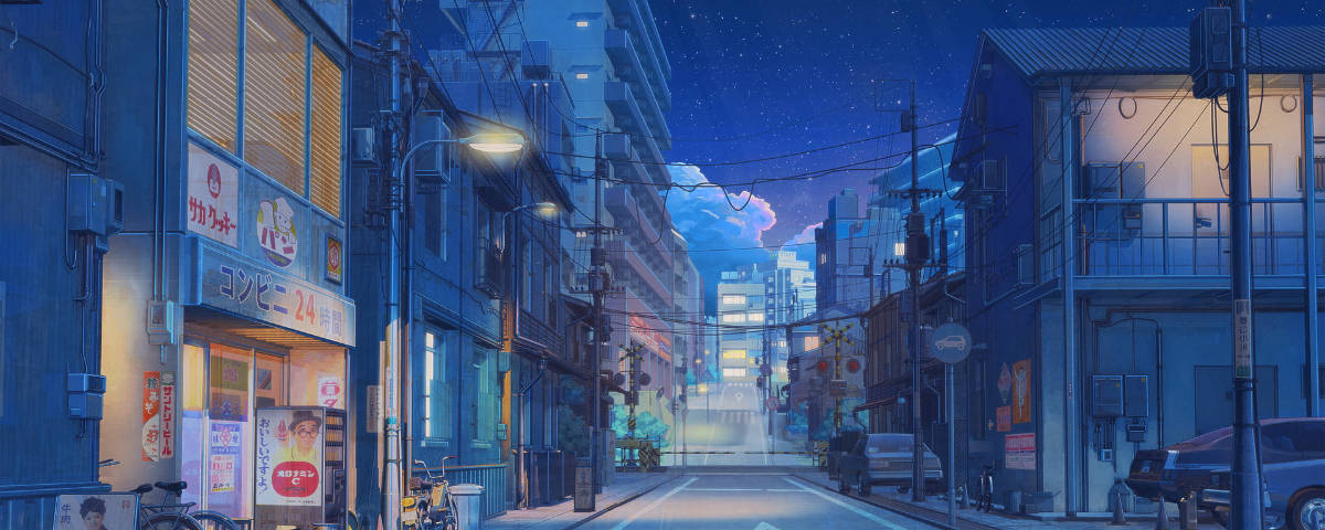 ร้านค้าบนถนนอนิเมะ ขนาด 1200x480 วอลเปเปอร์