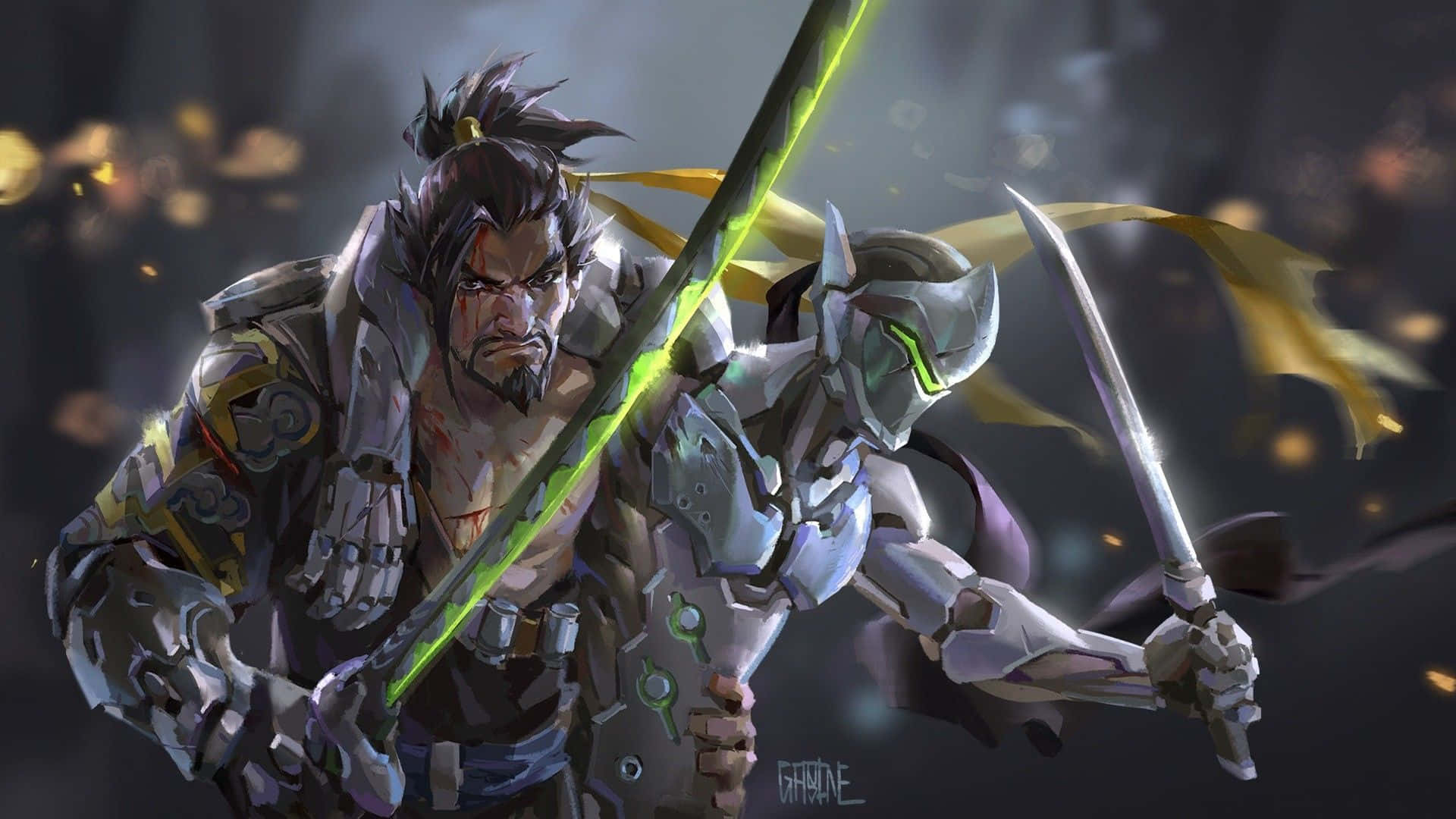 เก็นจิและฮันโซ ตัวละคร 1920x1080 พื้นหลัง Overwatch วอลเปเปอร์