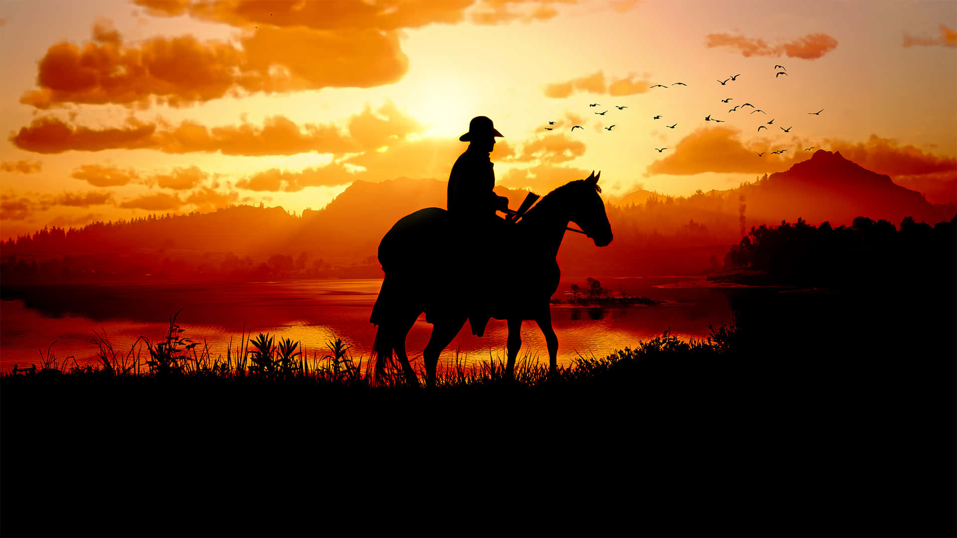 นายอำเภอขี่ม้าพระอาทิตย์ตก 1920x1080 พื้นหลัง Red Dead Redemption 2 วอลเปเปอร์