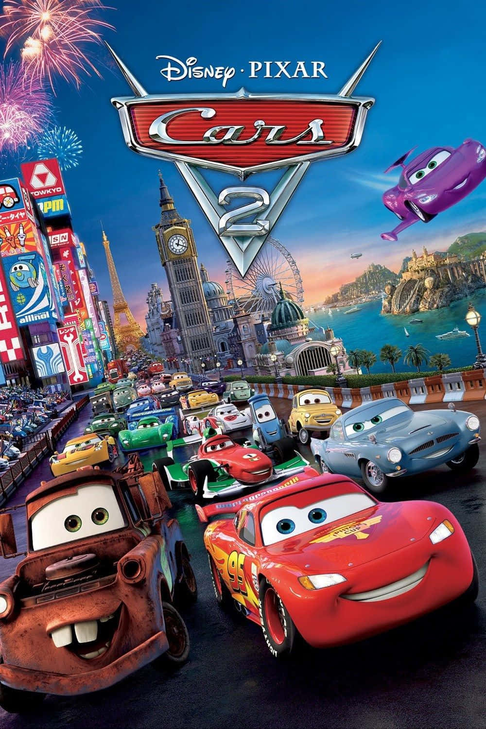 รถยนต์ 2 โปสเตอร์ภาพยนตร์พร้อมรถและการแสดงดอกไม้ไฟ วอลเปเปอร์