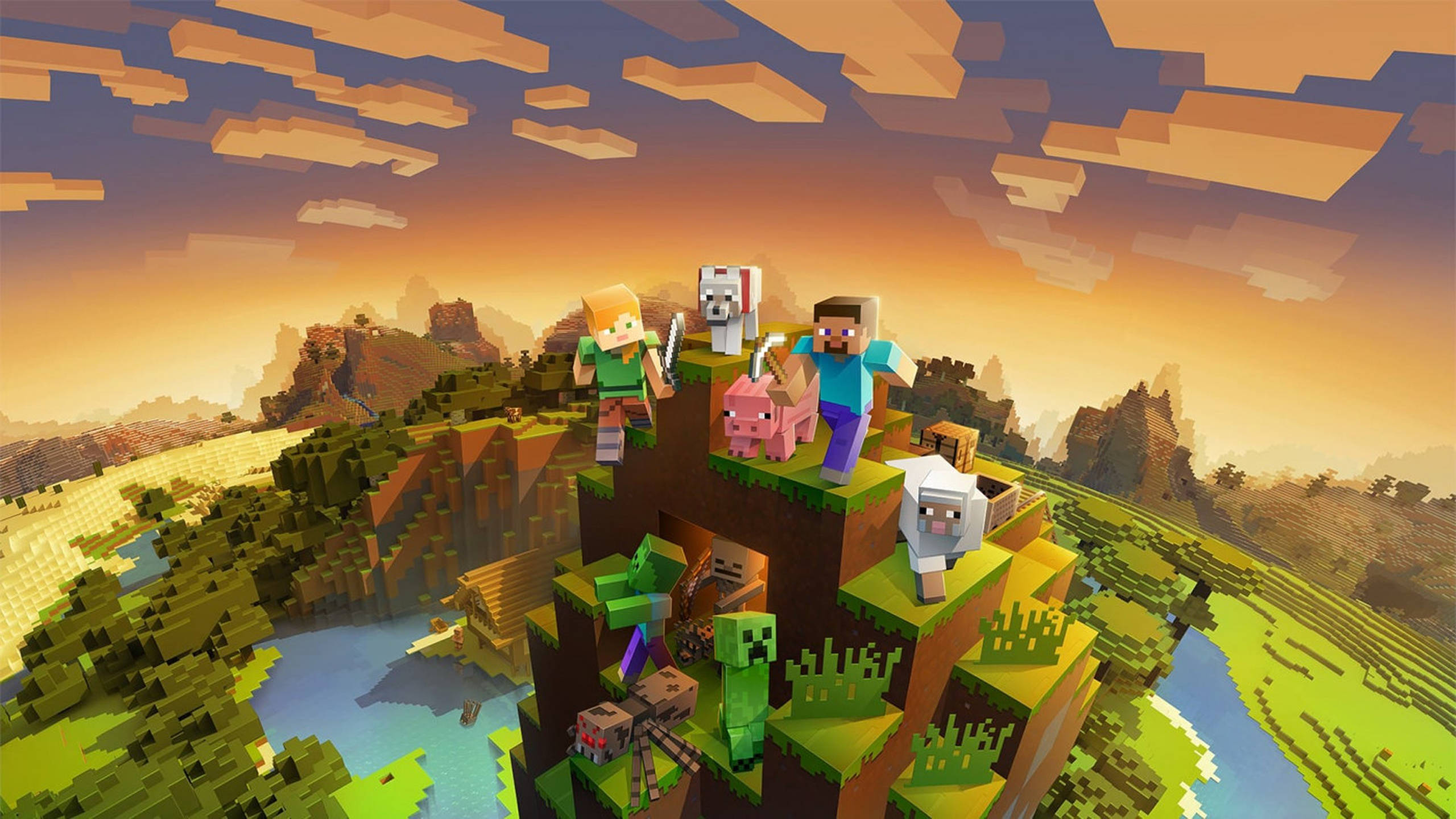 ภูเขาตอนพระอาทิตย์ตก 2560x1440 Minecraft วอลเปเปอร์