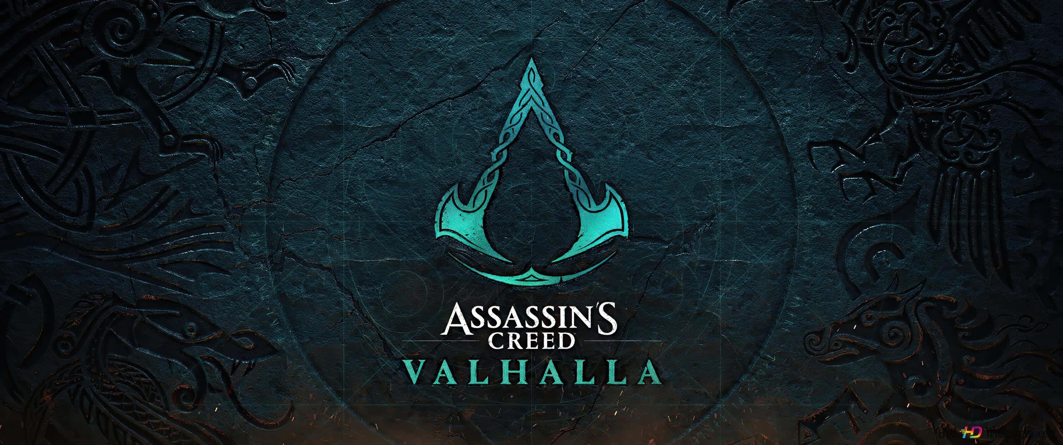 พื้นหลัง 3440x1440p Assassin's Creed Odyssey พร้อมโลโก้สีเขียวของ Assassins' Creed Valhalla วอลเปเปอร์