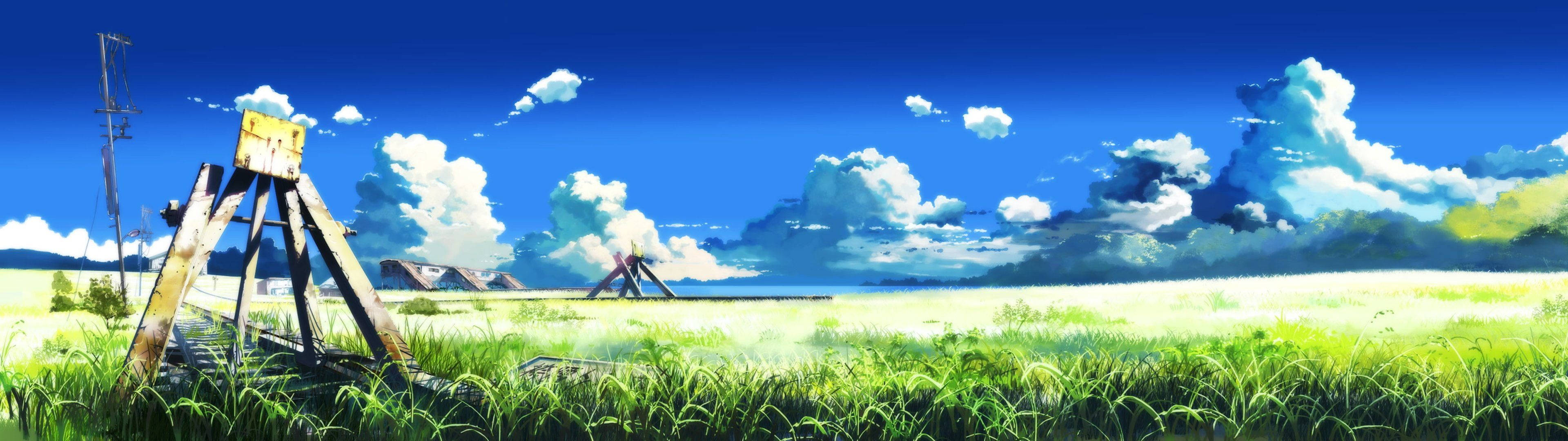 3840x1080 4K ชนบทและทางรถไฟ วอลเปเปอร์