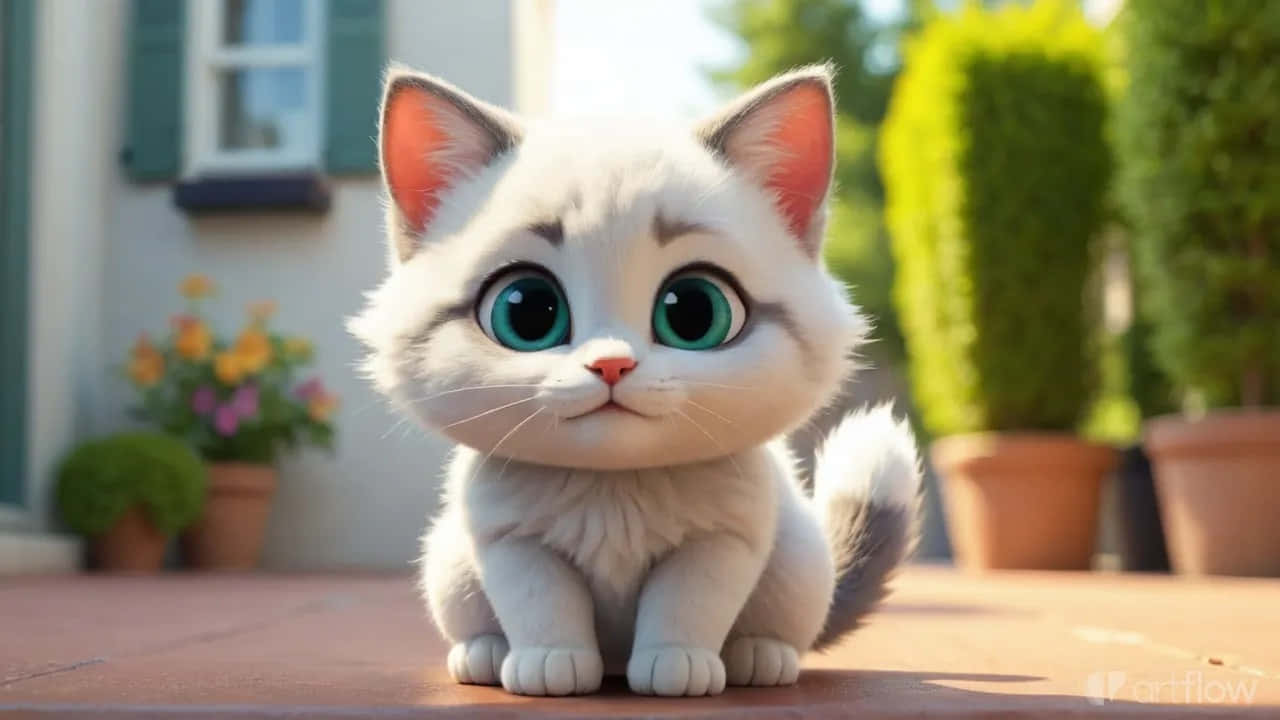 ลูกแมวน่ารักตากลมโตกำลังนั่งกลางแจ้ง – แมวสไตล์ 3D ที่น่ารัก วอลเปเปอร์