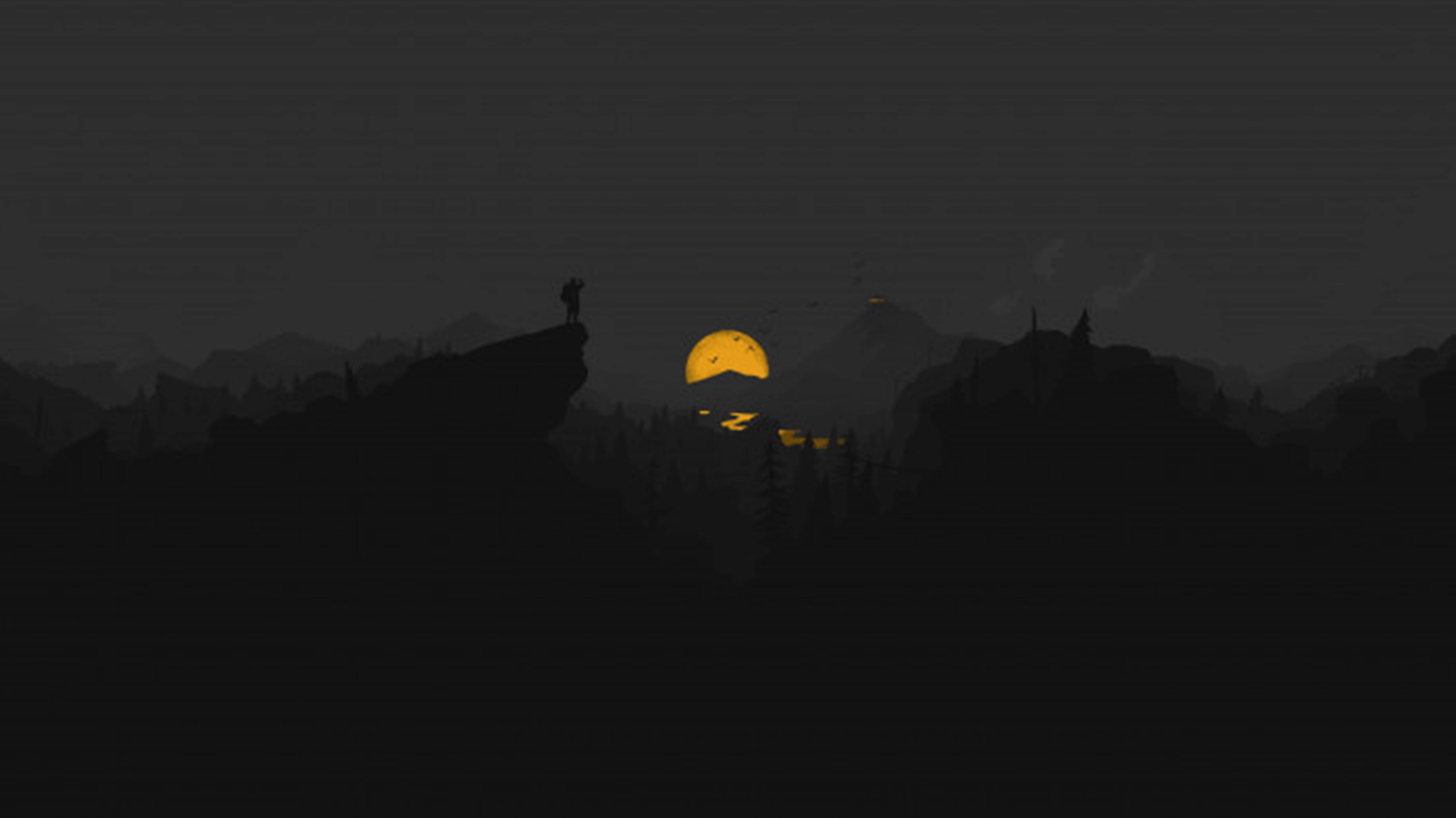 4K Firewatch พระจันทร์สีเหลืองเหนือแม่น้ำ วอลเปเปอร์