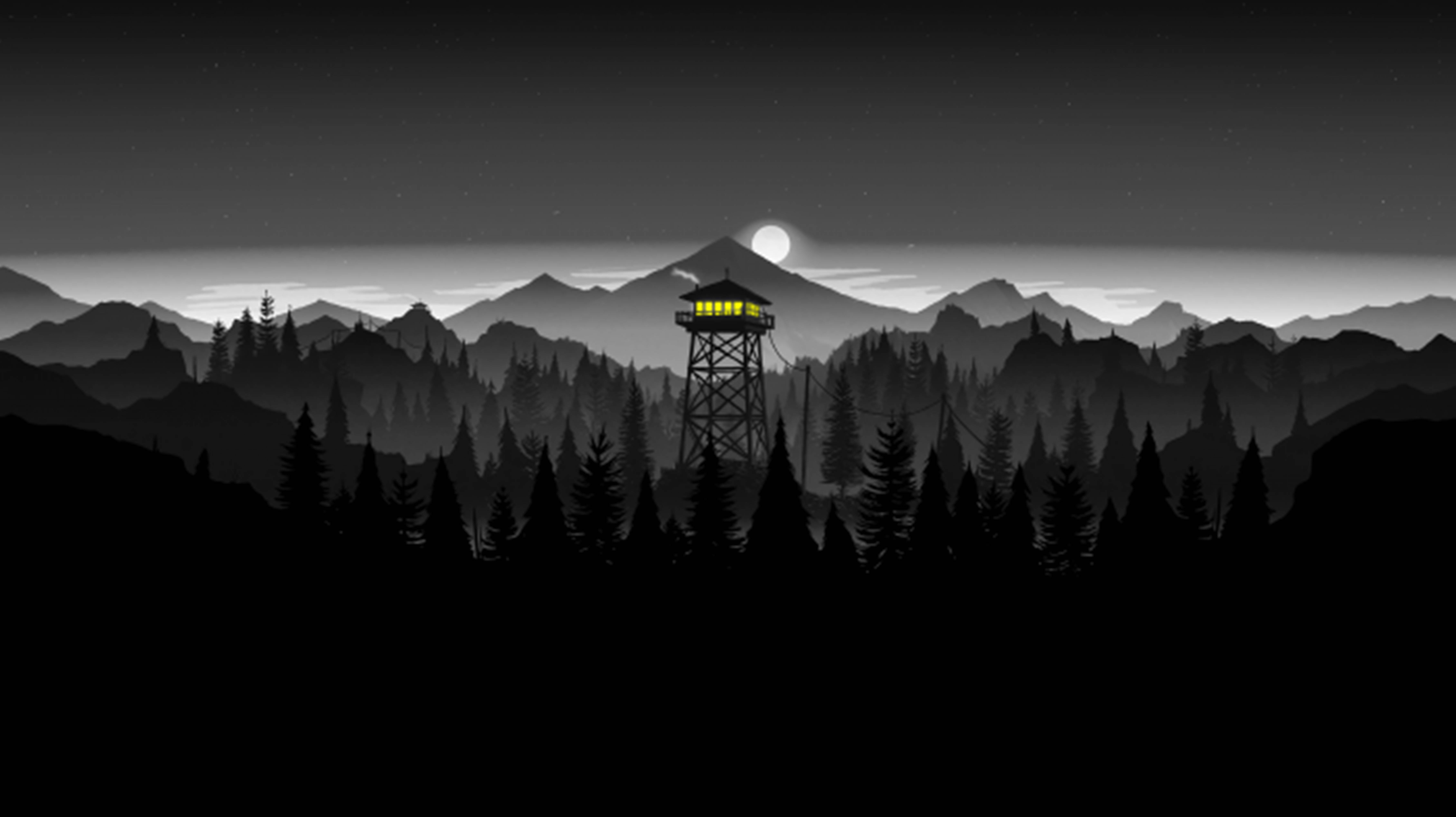 4K Firewatch ภูเขาสีดำและป่าไม้ วอลเปเปอร์