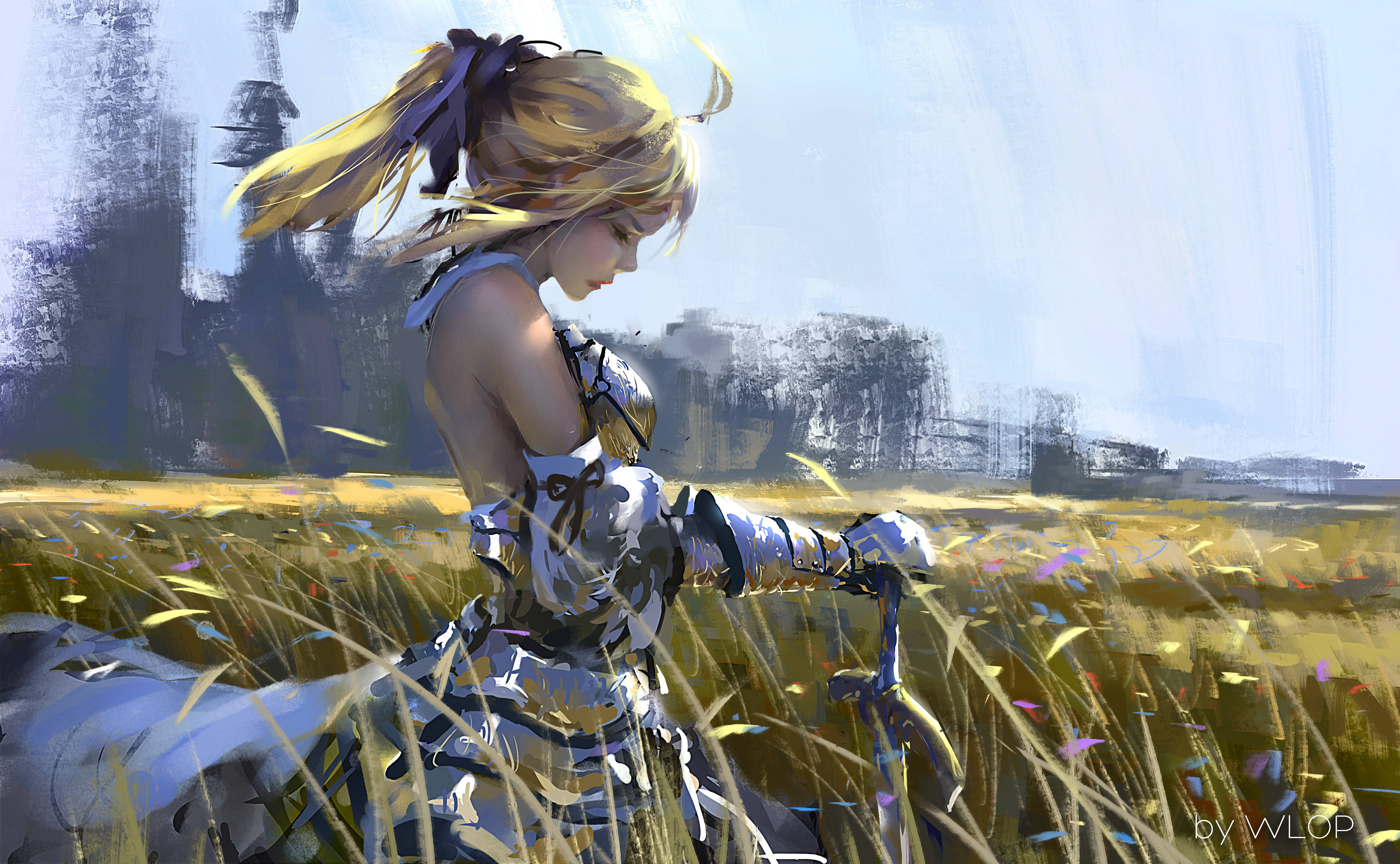 ภาพวาดอนิเมะ 4K ซาเบอร์ในทุ่งหญ้า วอลเปเปอร์