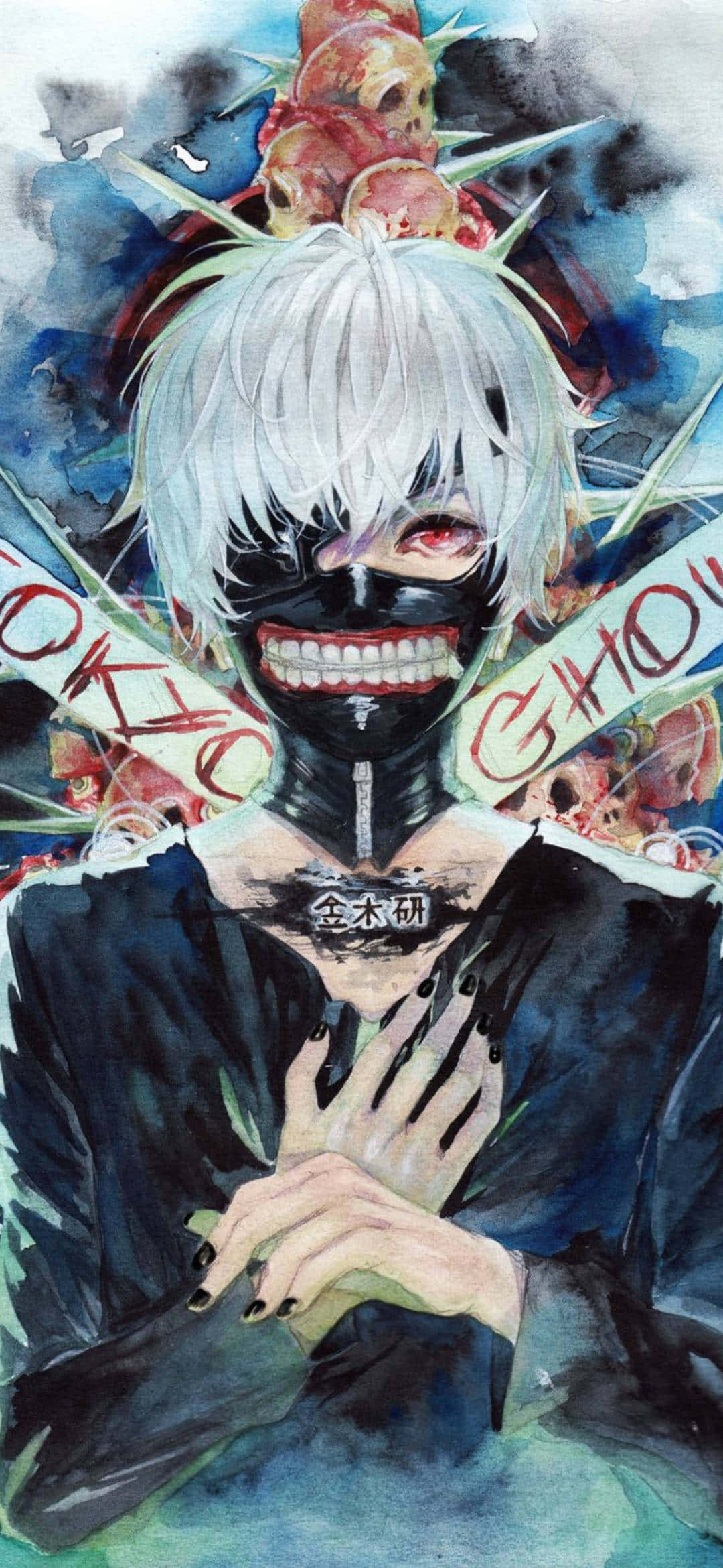 a painting of a man with white hair and a mask วอลเปเปอร์