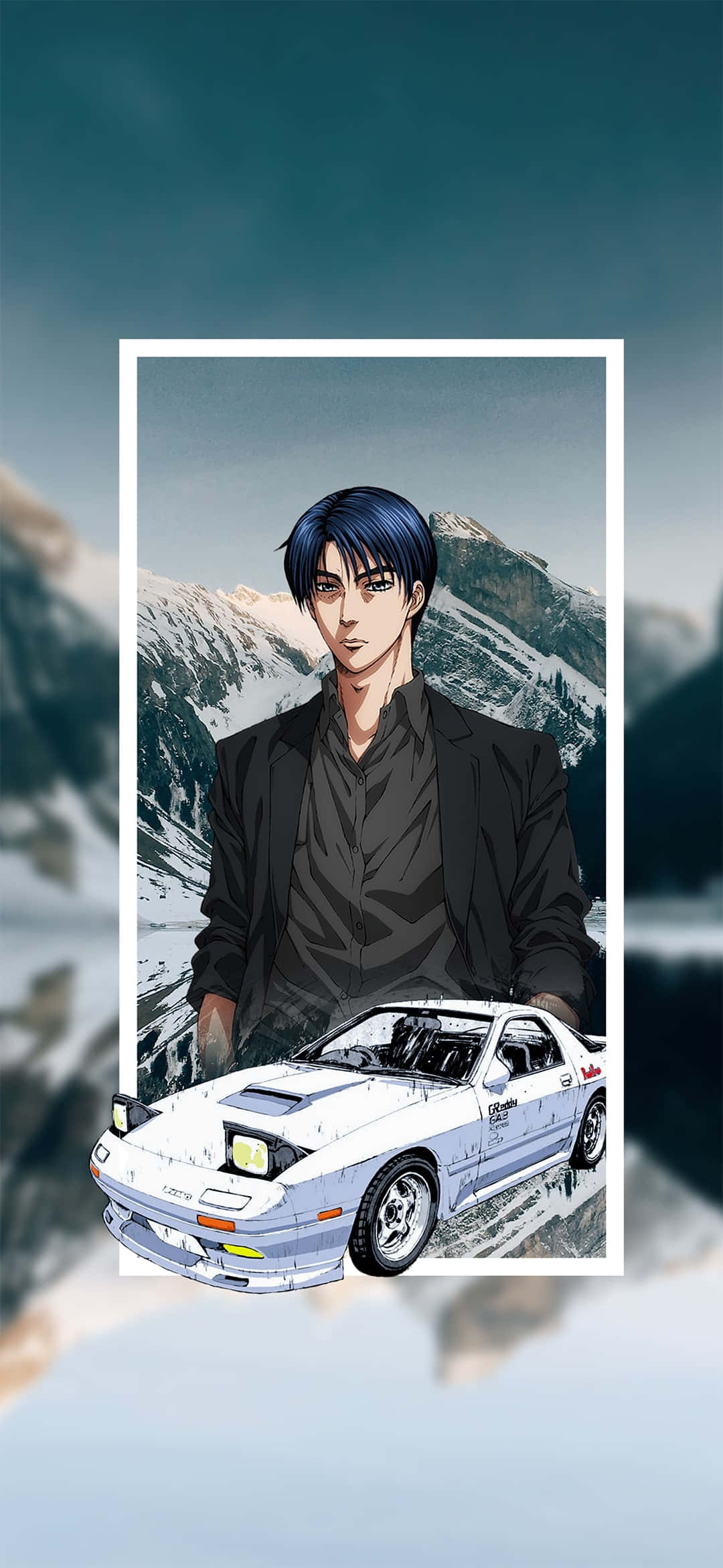 a picture of a man with a car in front of mountains วอลเปเปอร์