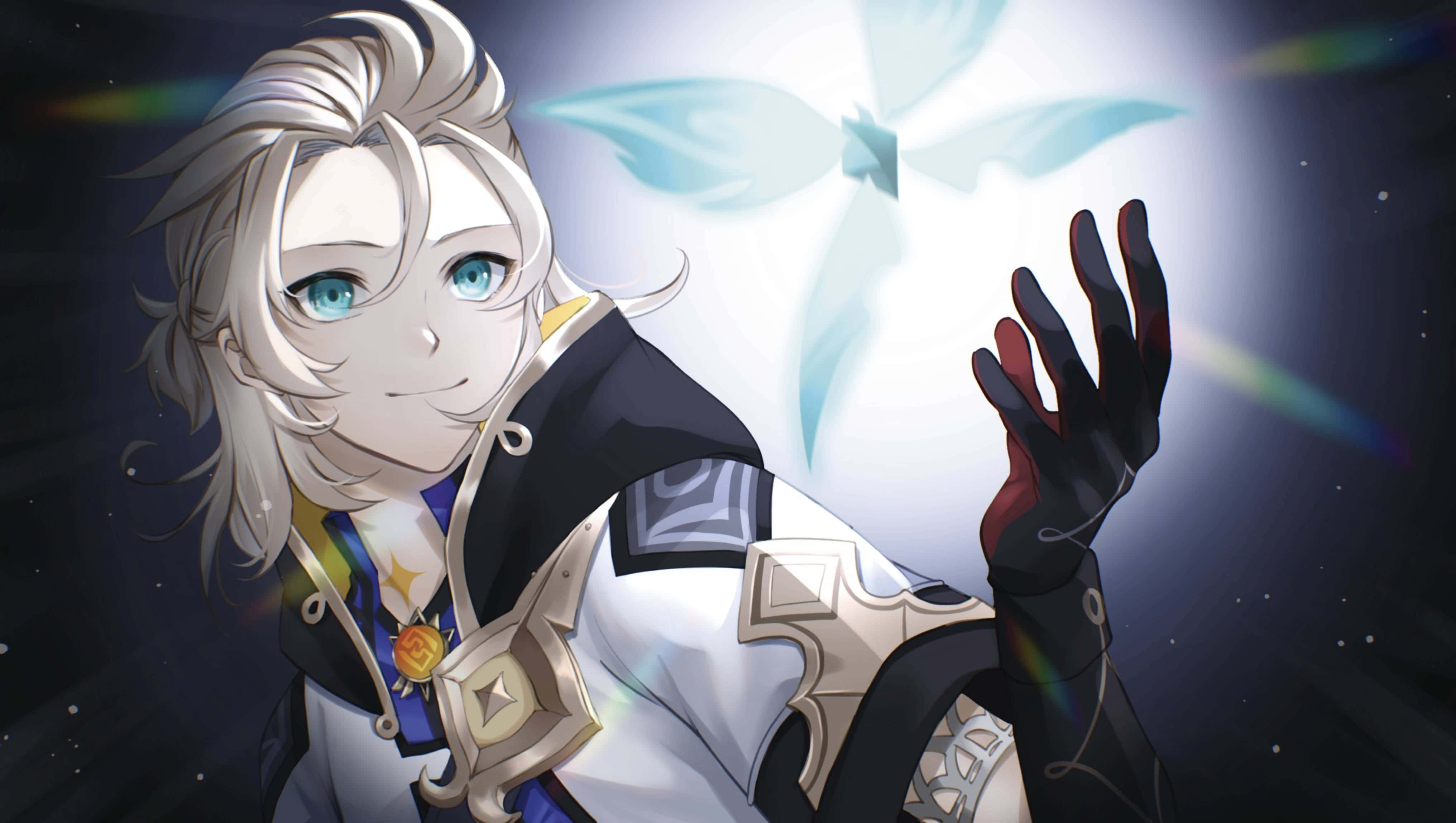Albedo Genshin Impact มองดอกไม้สีฟ้า วอลเปเปอร์
