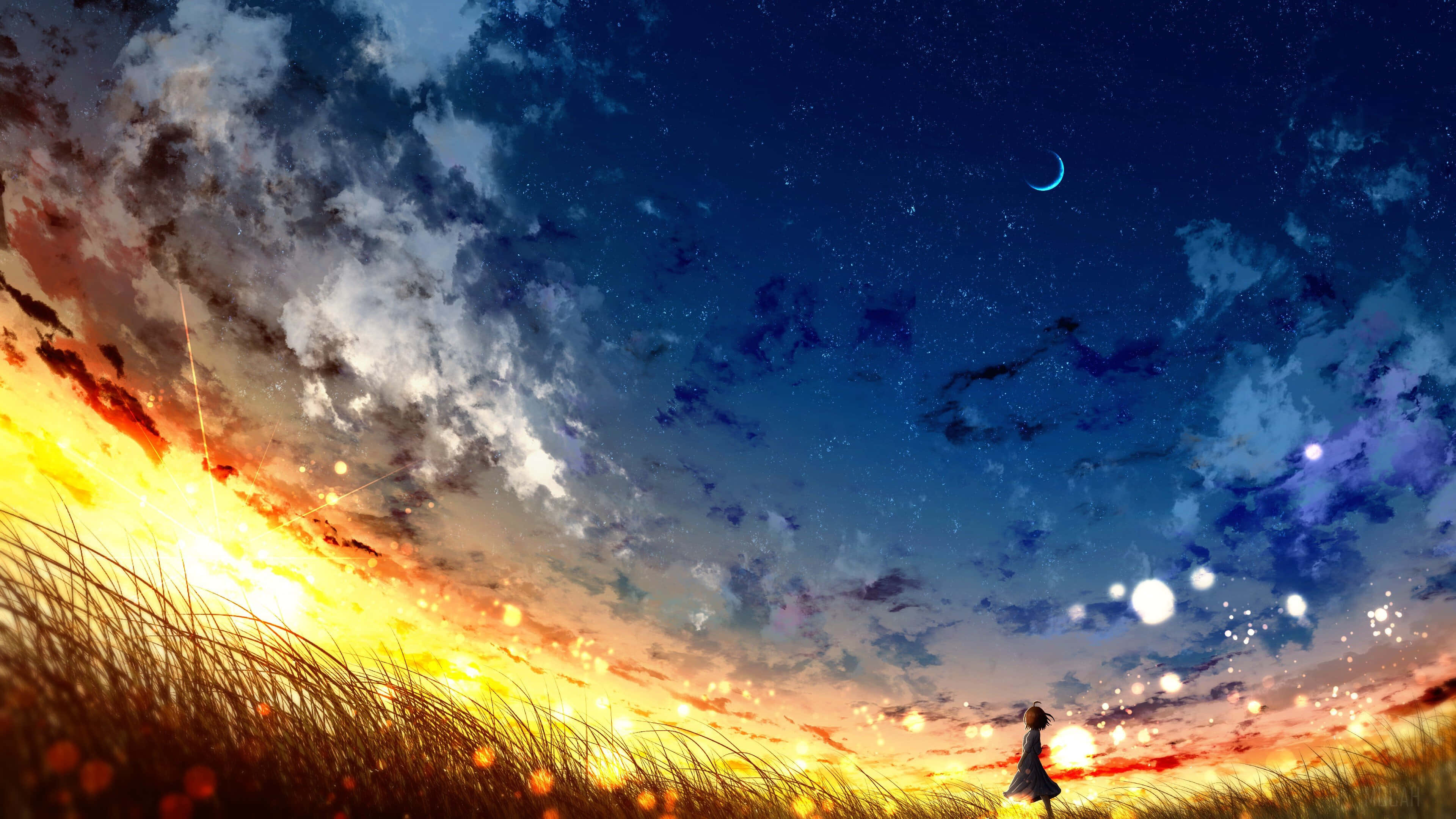 สำรวจท้องฟ้ายามพลบค่ำของ Anime Landscape วอลเปเปอร์