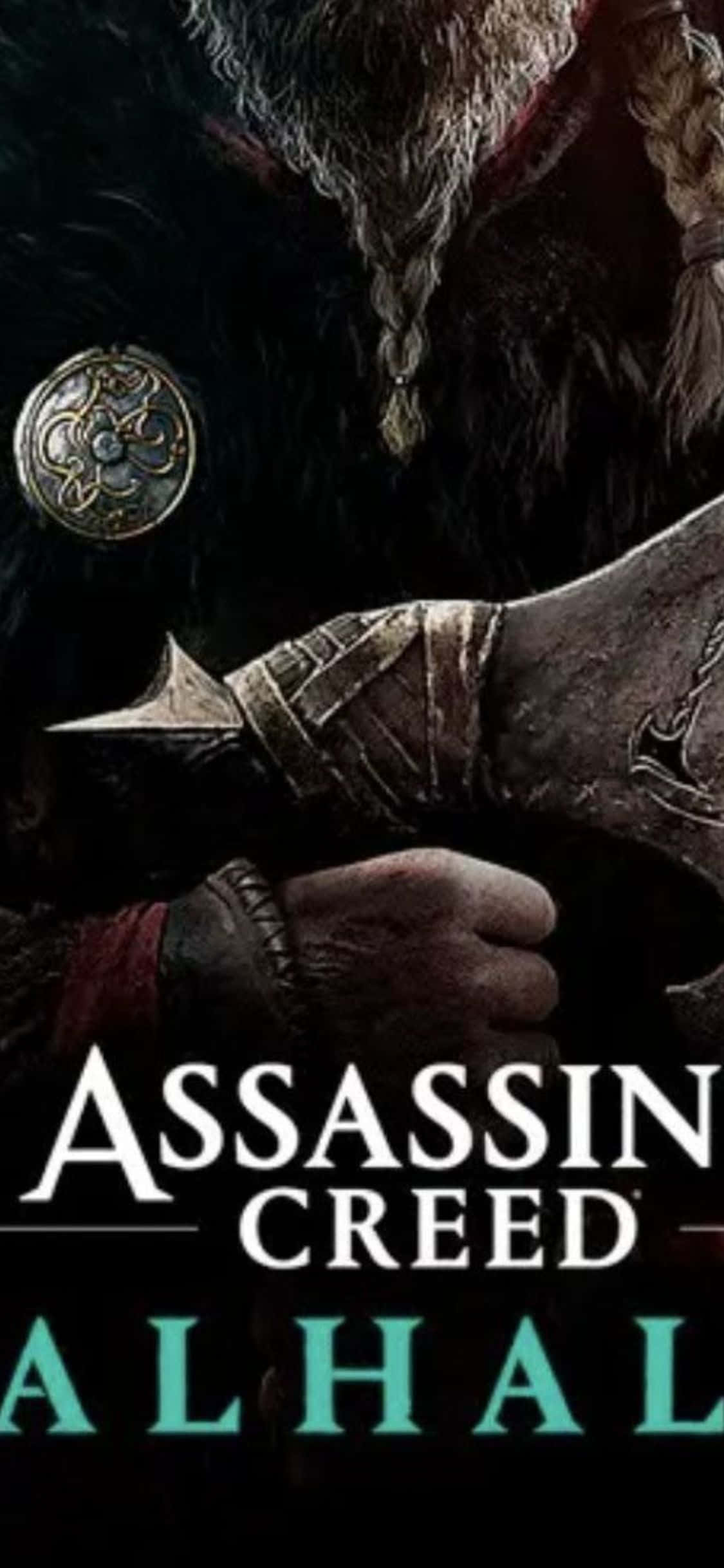 พื้นหลังโปสเตอร์ชื่อเกม Assassin's Creed Valhalla สำหรับ iPhone XS วอลเปเปอร์
