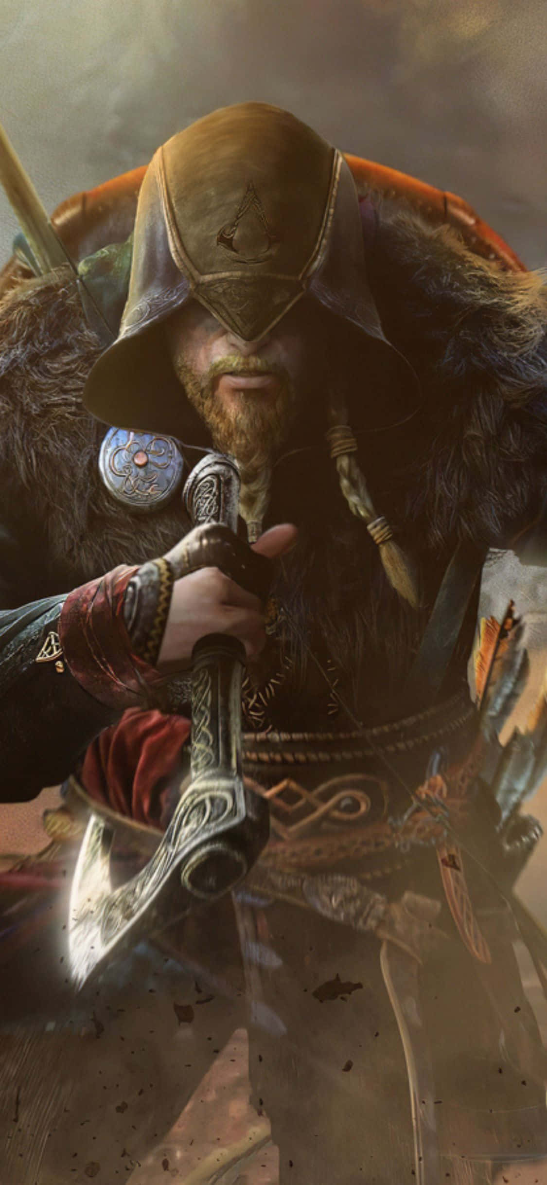 พื้นหลังไวกิ้งสวมฮู้ดถือขวาน Assassin's Creed Valhalla สำหรับ iPhone XS วอลเปเปอร์