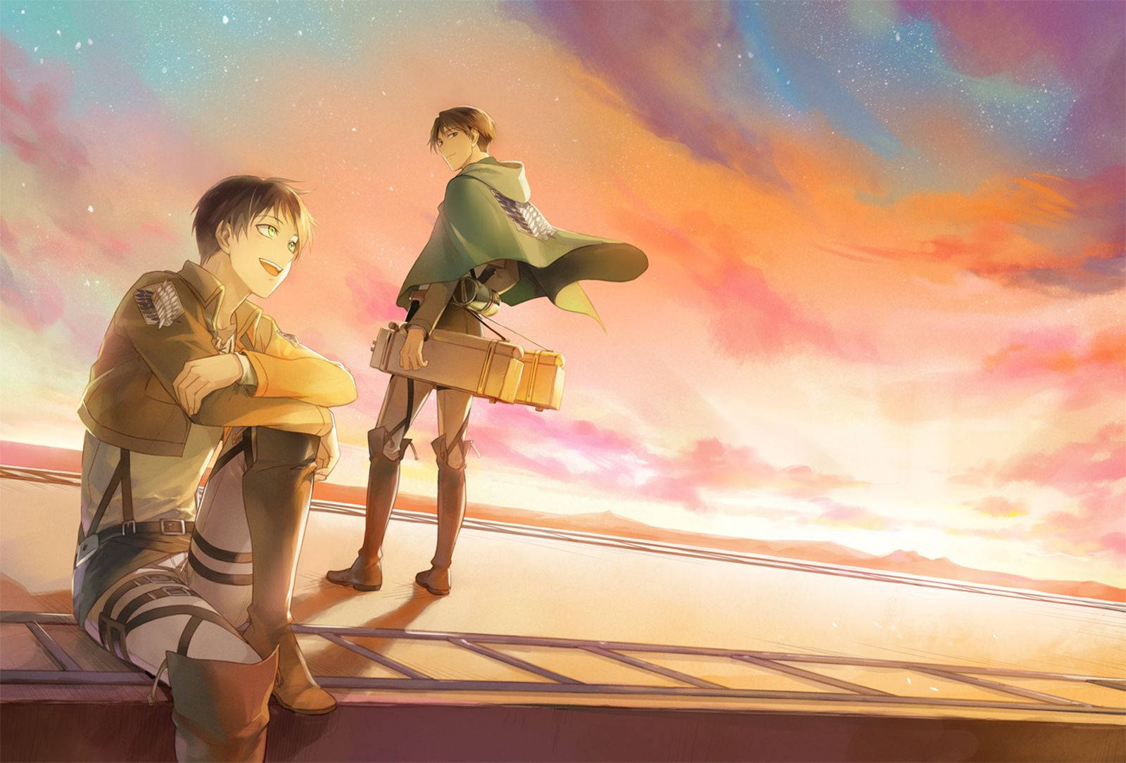 คู่หูผู้กล้าหาญ เอเรนและลีไว จาก Attack on Titan พักผ่อนชั่วครู่ท่ามกลางคืนที่เต็มไปด้วยดวงดาว วอลเปเปอร์