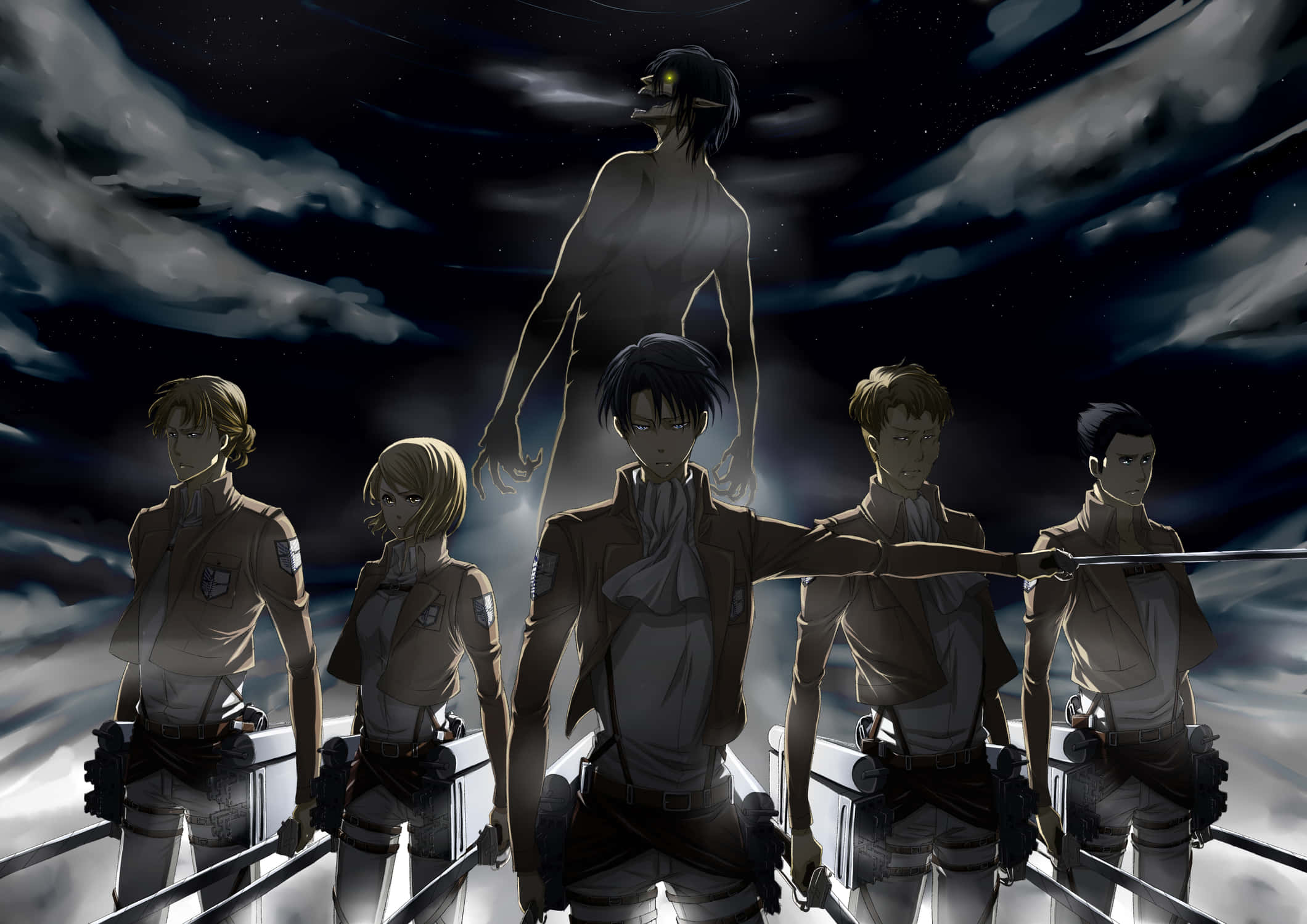 “ไททันผู้หนึ่งยืนหยัดพร้อมเข้าสู่ศึกของมวลมนุษย์ใน Attack on Titan” วอลเปเปอร์