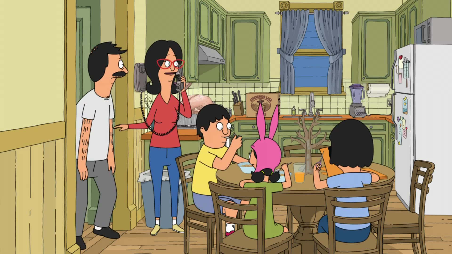 ครอบครัวเบลเชอร์ในห้องครัว พื้นหลัง Bob's Burgers วอลเปเปอร์