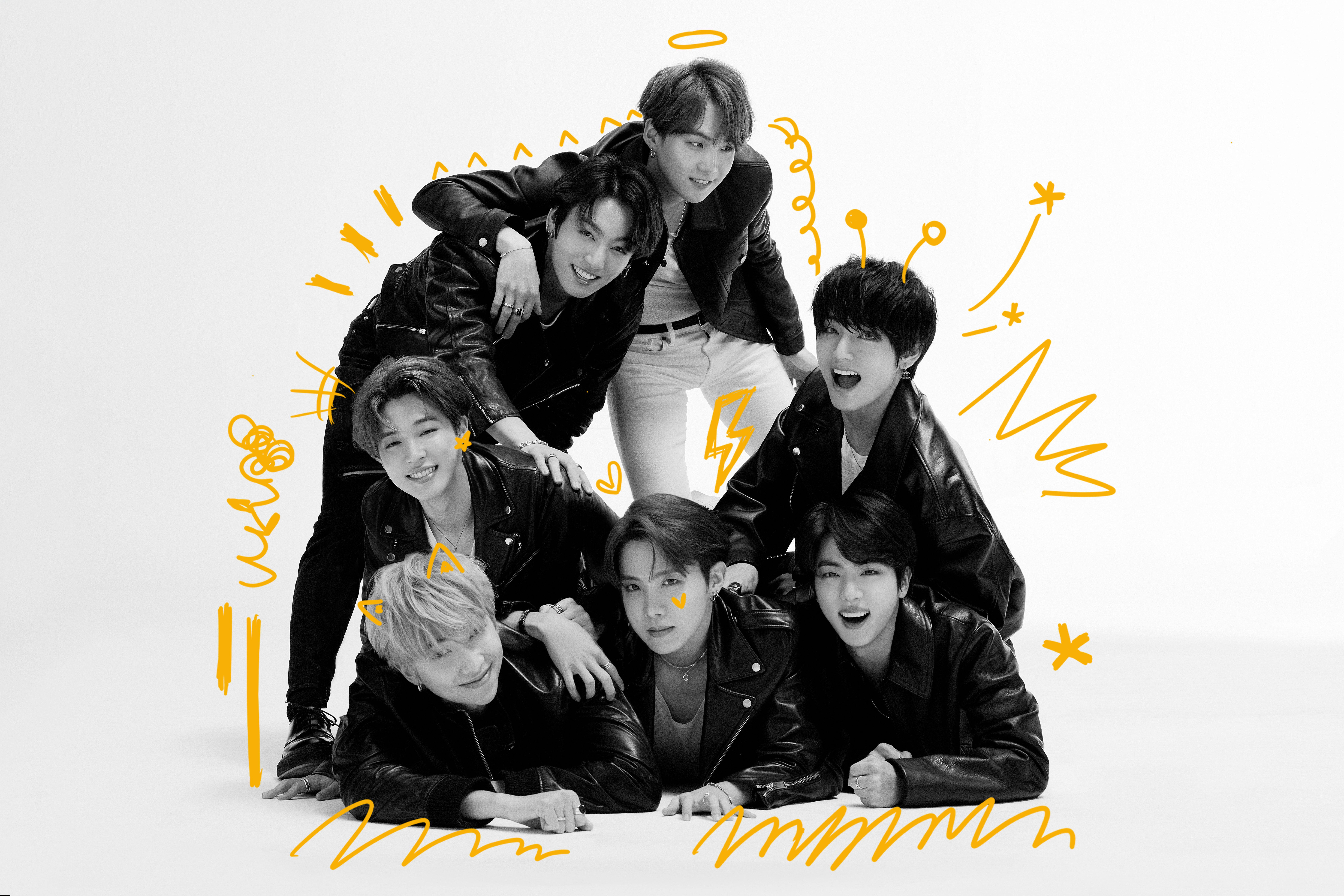 ภาพหมู่ขาวดำ BTS Dynamite วอลเปเปอร์