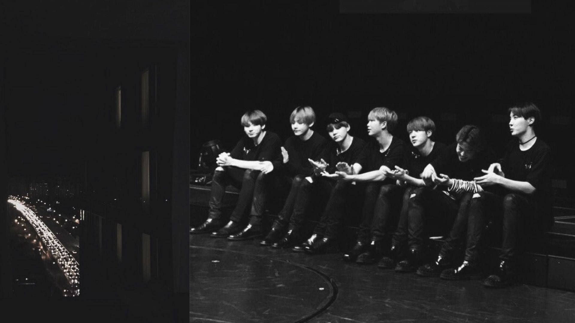 ภาพแบล็คแอนด์ไวท์เบื้องหลังวง BTS สำหรับแล็ปท็อป วอลเปเปอร์