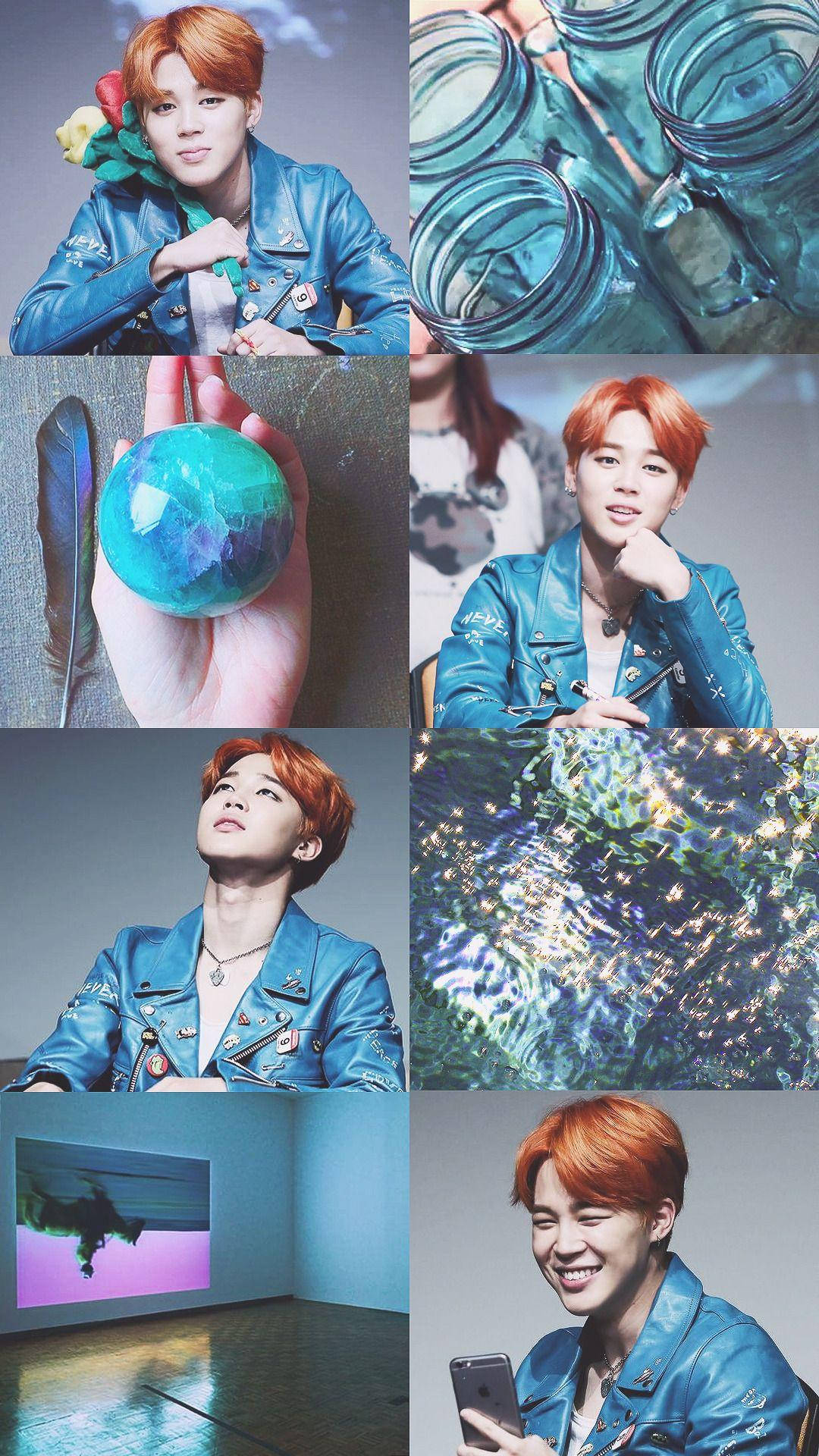 คอลลาจสไตล์สุนทรีย์สีน้ำเงินของจีมิน BTS วอลเปเปอร์