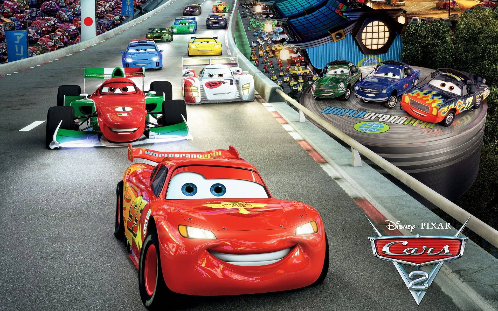 ขบวนนักแข่งสุดเร้าใจในศึกเวิลด์กรังด์ปรีซ์จากเรื่อง Cars 2 วอลเปเปอร์