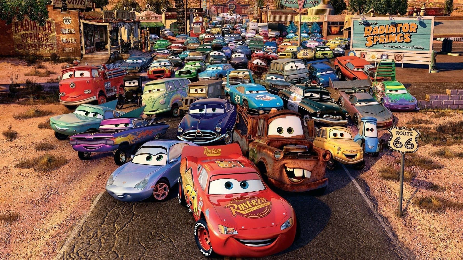 ตัวละครจากภาพยนตร์ดิสนีย์แอนิเมชั่นเรื่อง Cars ในแรดิเอเตอร์สปริงส์ วอลเปเปอร์