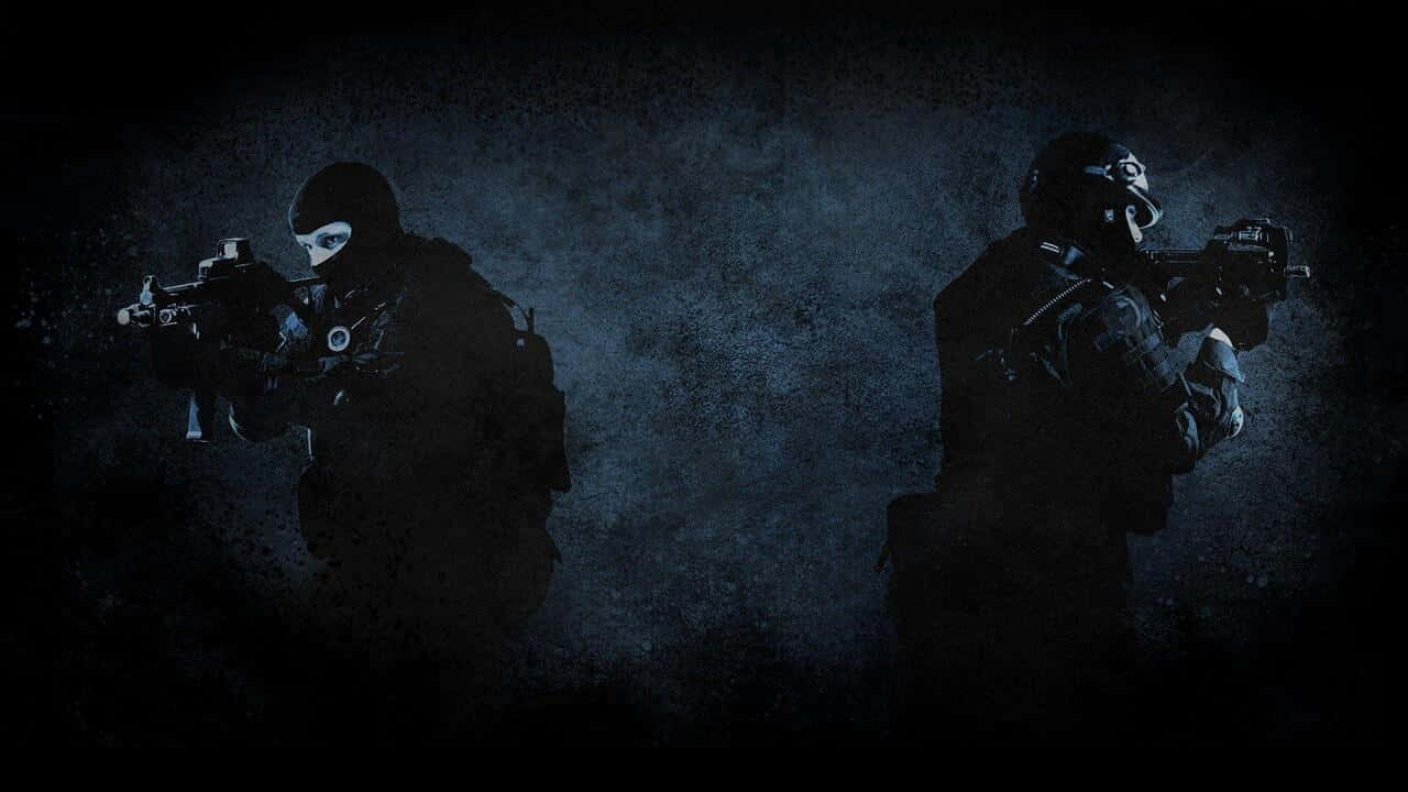 พื้นหลังเกม Counter-strike Global Offensive ความละเอียด 720p พร้อมผู้ก่อการร้ายและหน่วยต่อต้านการก่อการร้ายในโทนสีน้ำเงินเข้ม วอลเปเปอร์