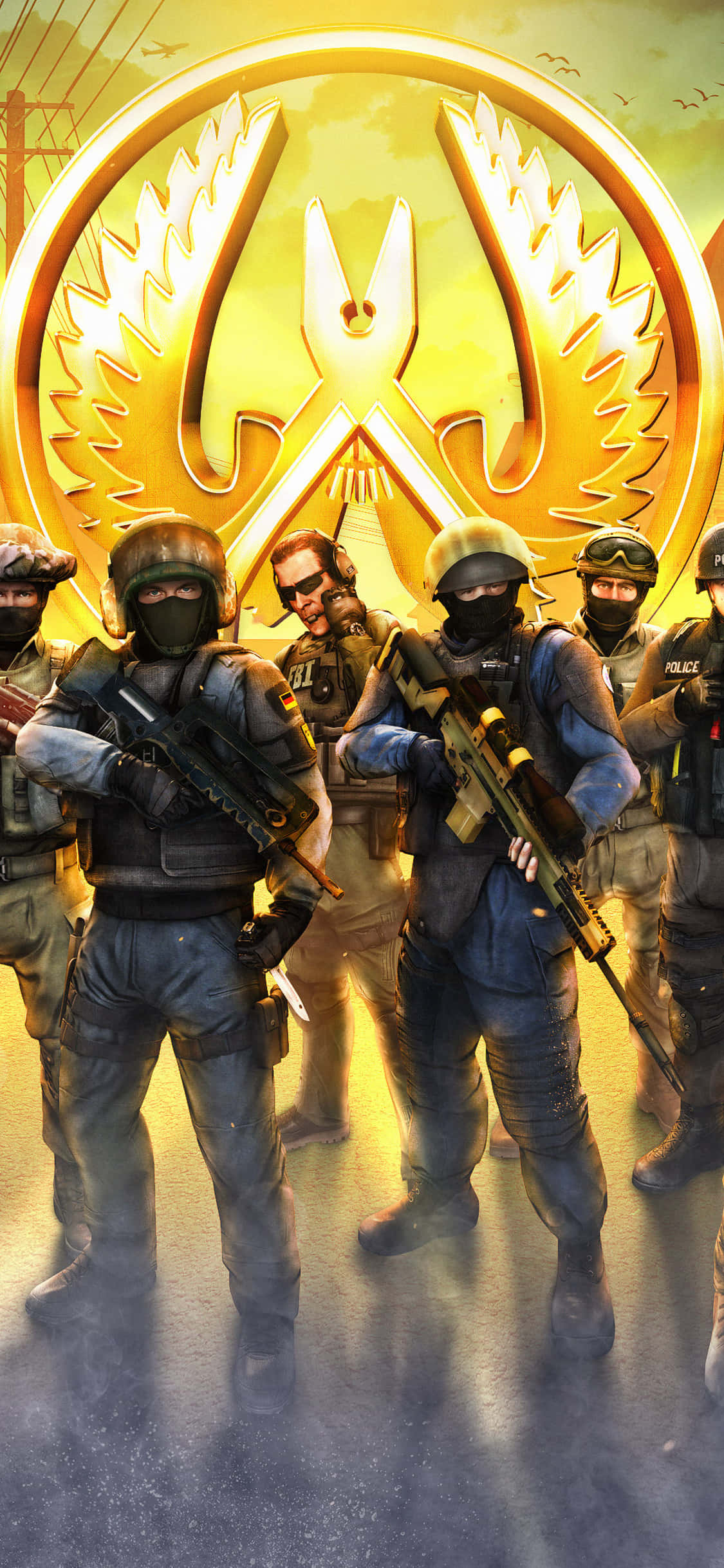 พื้นหลัง Android Counter-strike Global Offensive ต่อต้านผู้ก่อการร้ายพร้อมโลโก้ วอลเปเปอร์