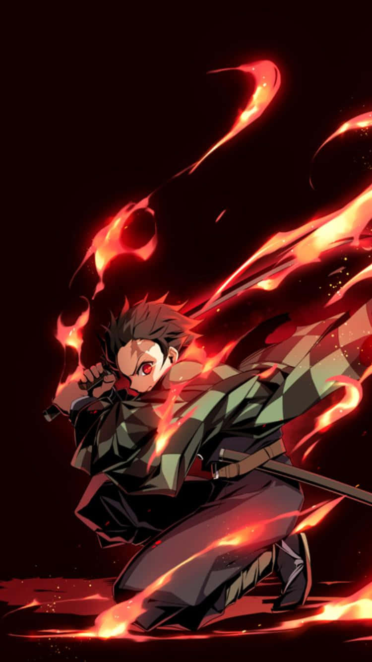 น่ารัก Demon Slayer ทันจิโร่ คามาโดะ กับเปลวไฟ วอลเปเปอร์