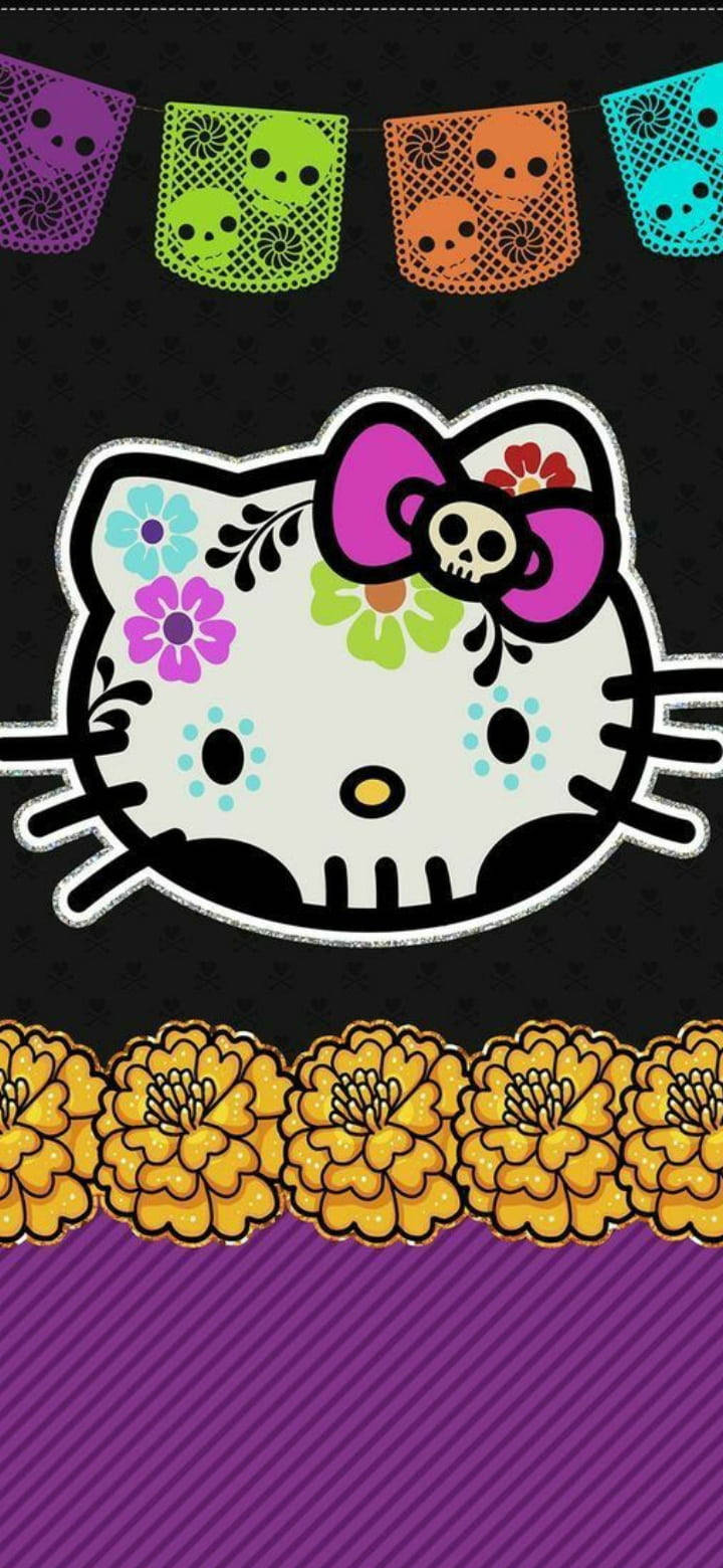 Dia De Los Muertos สีดำ Hello Kitty วอลเปเปอร์