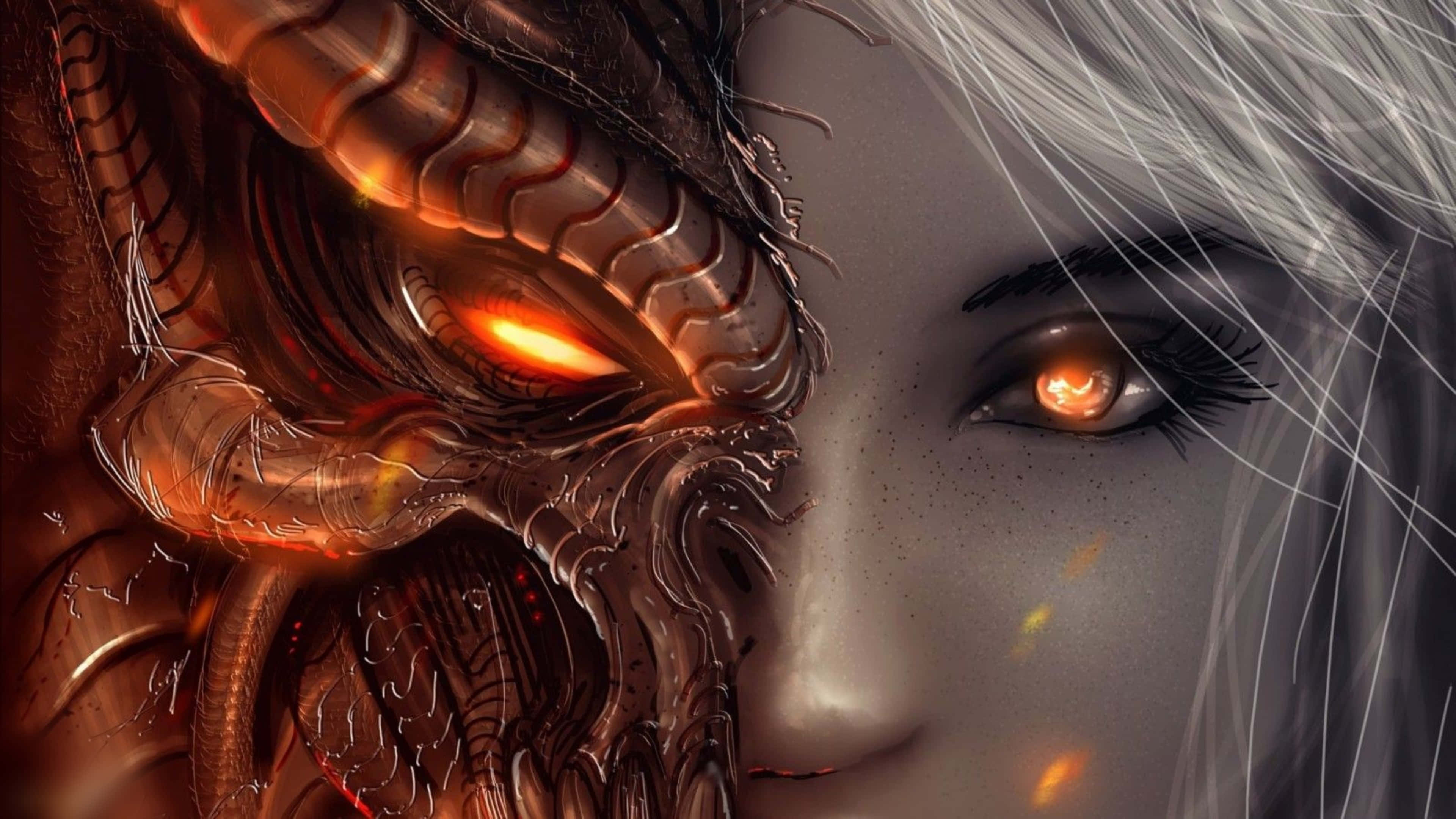 Diablo 4K ครึ่งมังกรและผู้หญิงระยะใกล้ วอลเปเปอร์