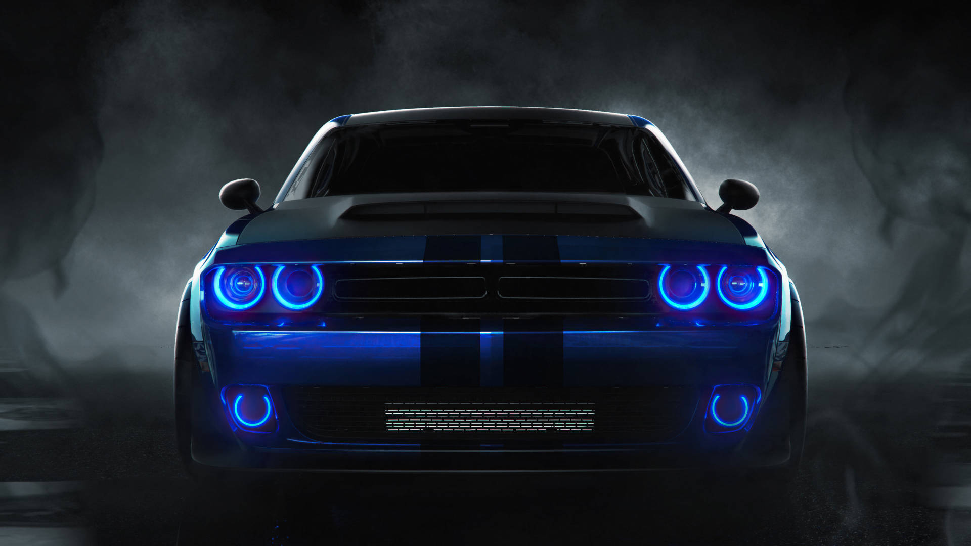 ด้านหน้าของ Dodge Challenger สีน้ำเงิน ปี 2018 วอลเปเปอร์