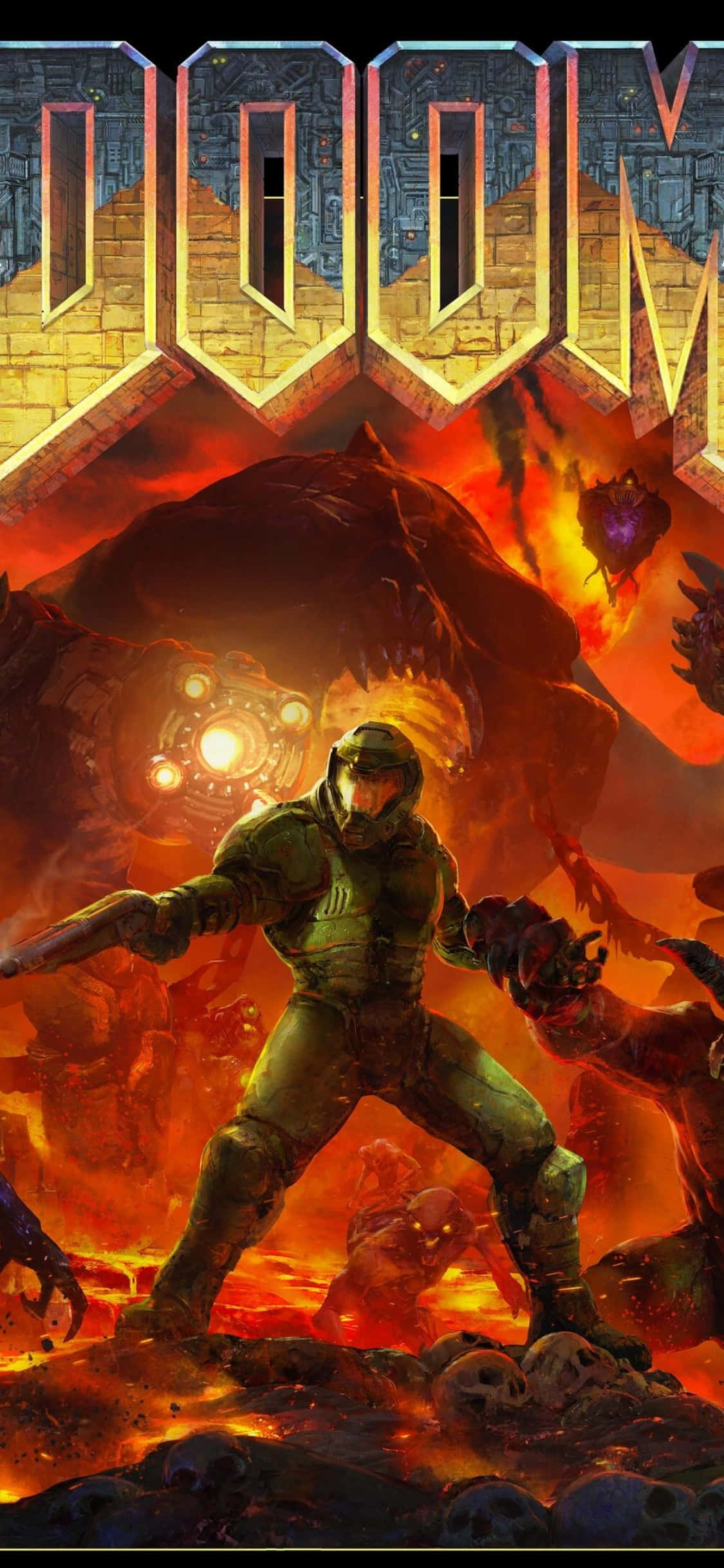 โลโก้ Doom ด้านบน พื้นหลัง iPhone Xs วอลเปเปอร์