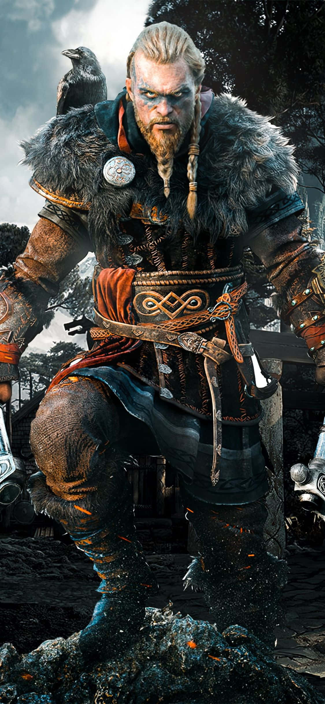 พื้นหลัง Eivor โผล่ขึ้นจากทะเล Assassin's Creed Valhalla สำหรับ iPhone XS วอลเปเปอร์