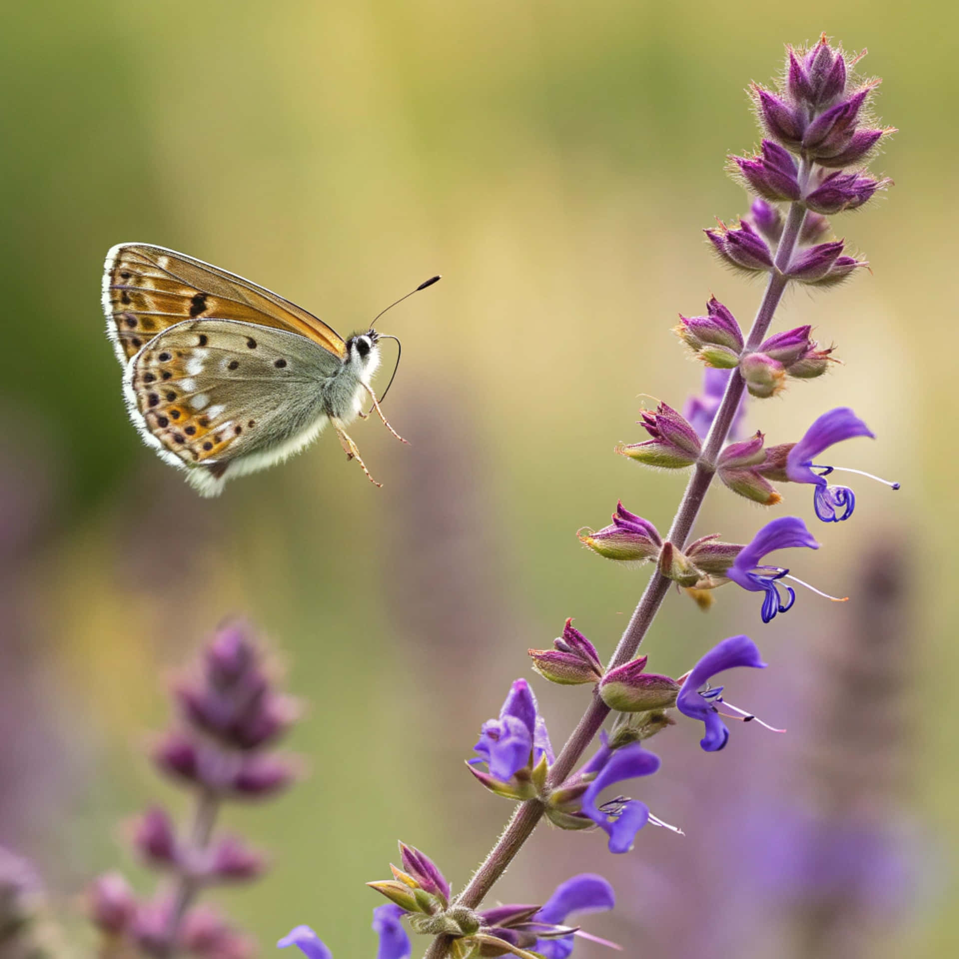 ภาพระยะใกล้สุด enchanting ของผีเสื้อ Brown Argus กำลังบิน วอลเปเปอร์