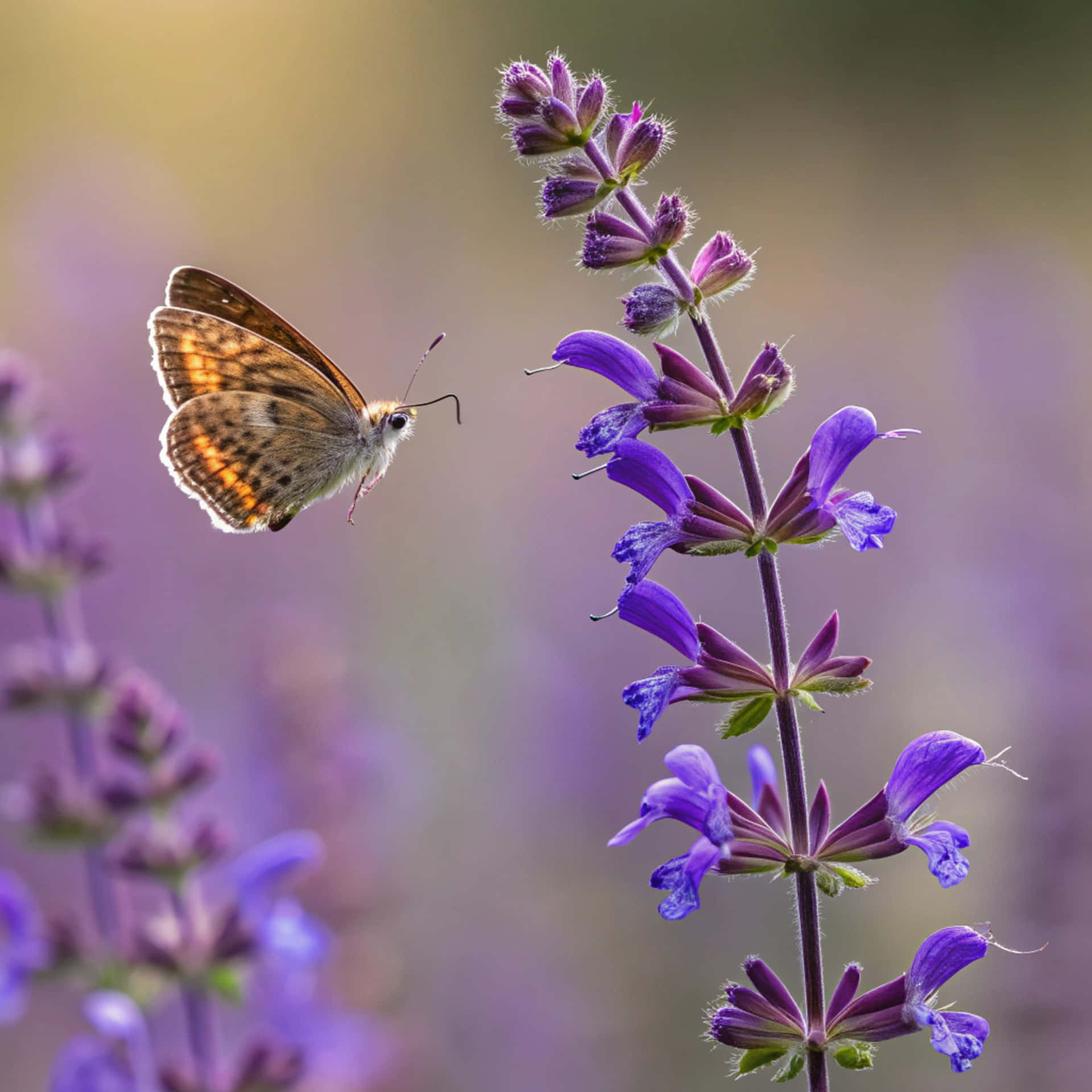 ภาพระยะใกล้สุด enchanting ของผีเสื้อ Brown Argus กำลังบิน วอลเปเปอร์