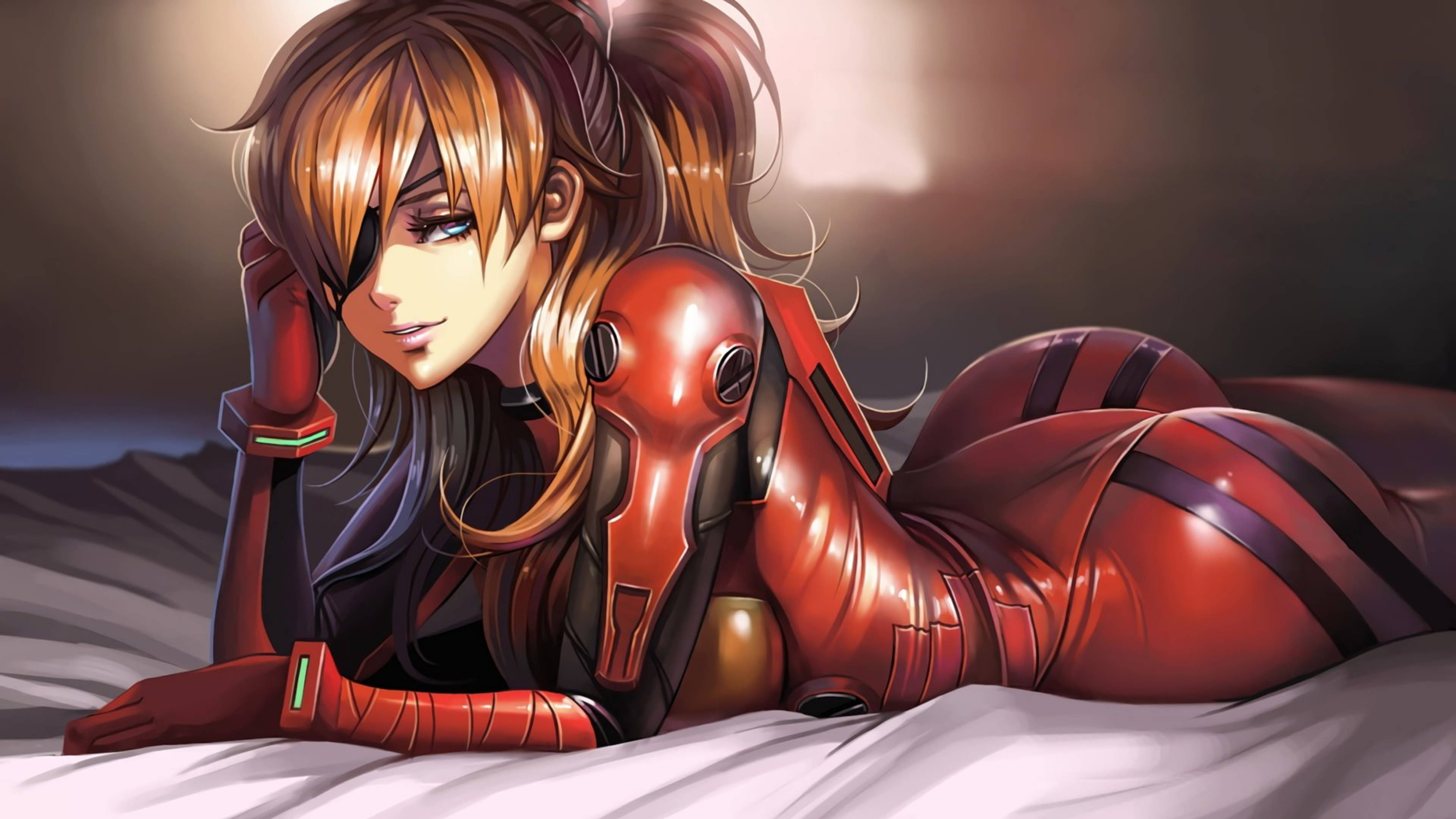 อัสกะใส่ผ้าปิดตา Evangelion 4K วอลเปเปอร์