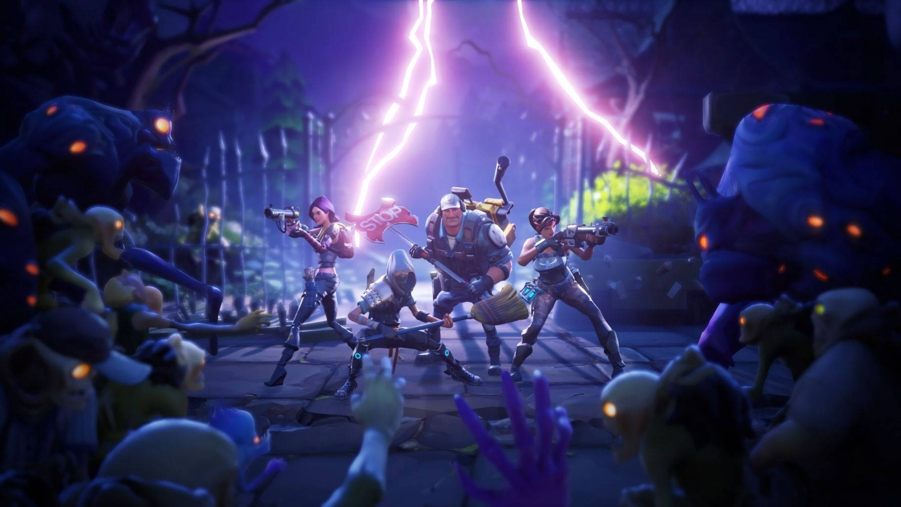 ซูมเข้าสู่การต่อสู้อันดุเดือดระหว่างกองทัพซอมบี้และทีมผู้กล้าใน Fortnite วอลเปเปอร์