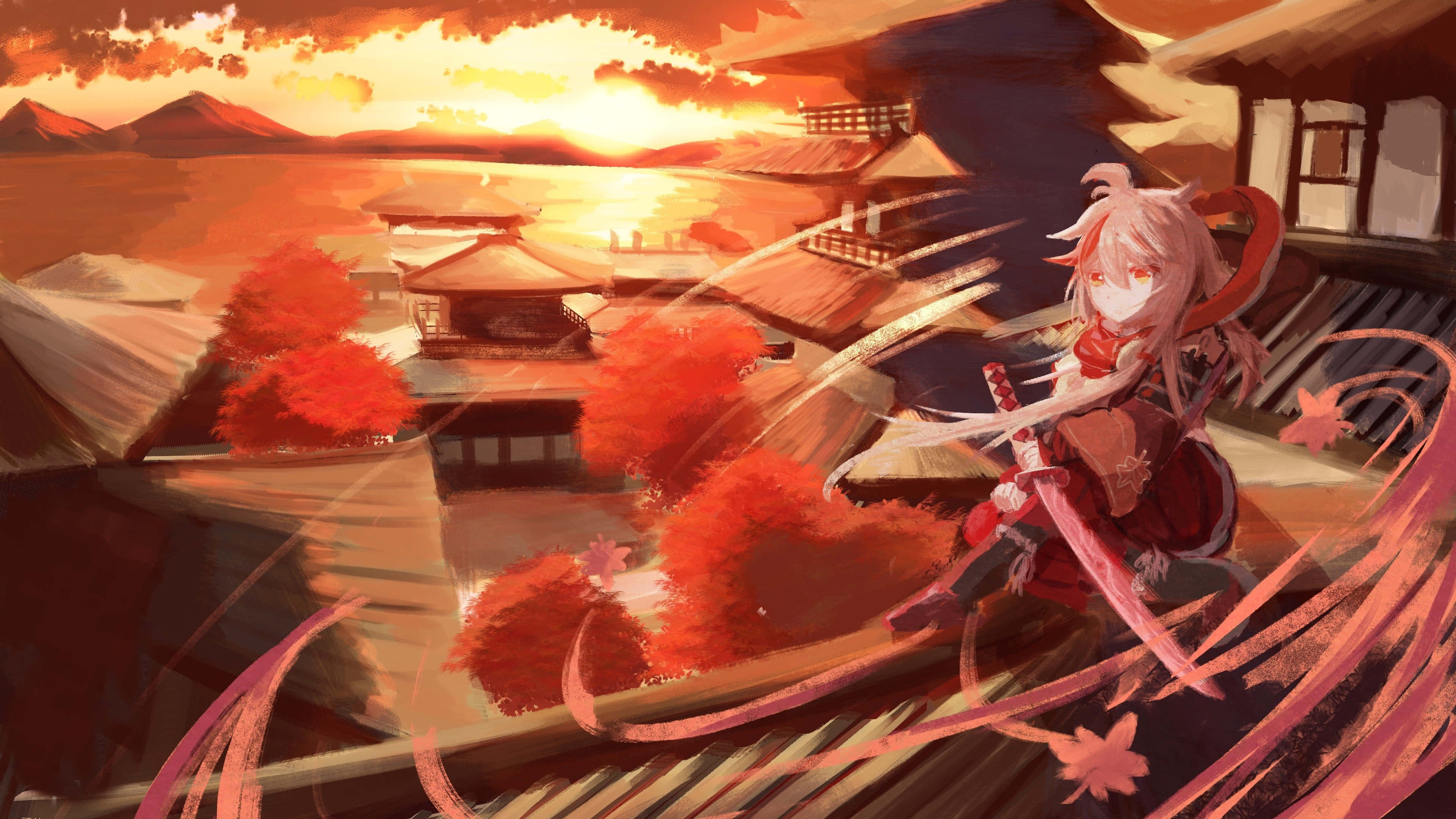 เกม Genshin Impact คาซึฮะนั่งบนหลังคา วอลเปเปอร์