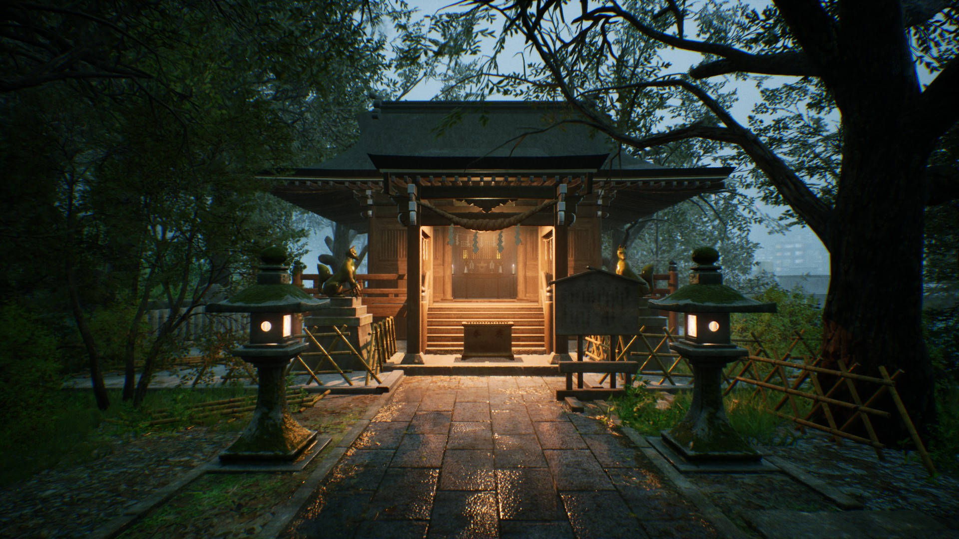 ศาลเจ้าที่มีแสงไฟใน Ghostwire Tokyo วอลเปเปอร์