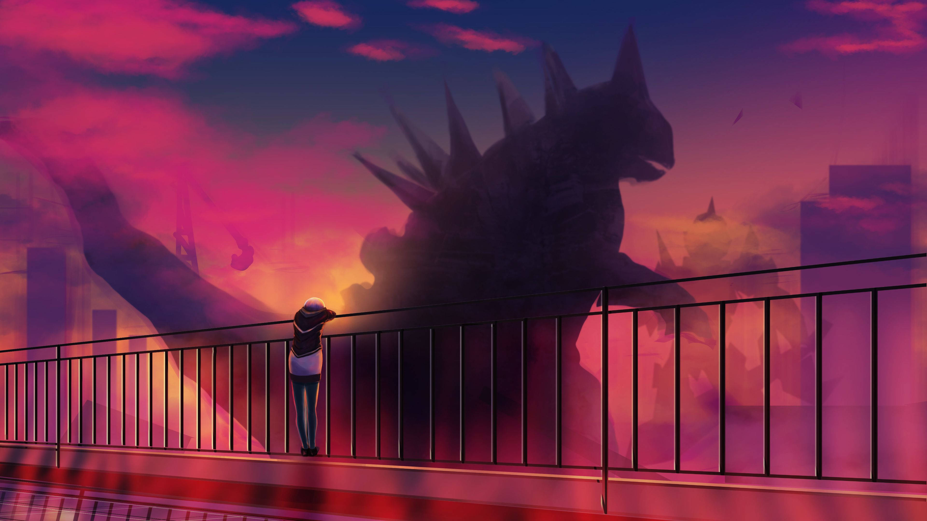 Godzilla สีแดงในสไตล์อนิเมะ วอลเปเปอร์