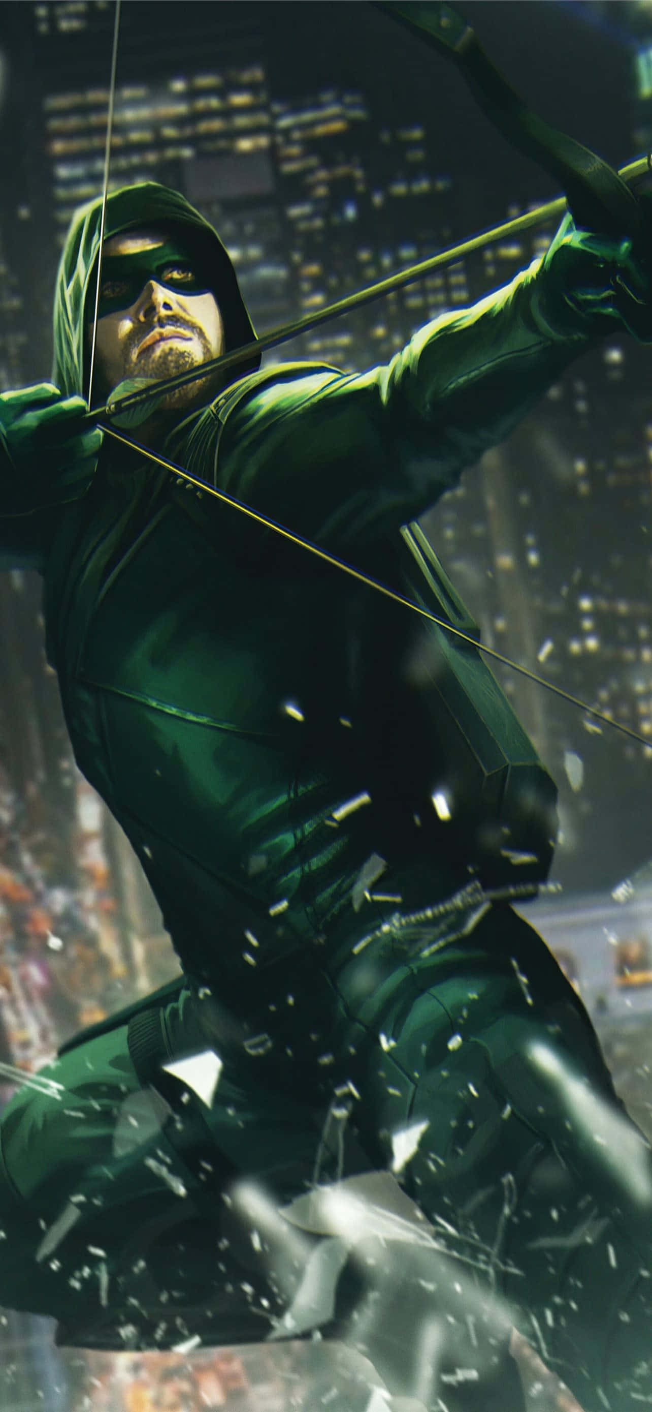 คำอธิบายภาพ: แอ็กชัน Green Arrow ที่เข้มข้นบน iPhone วอลเปเปอร์