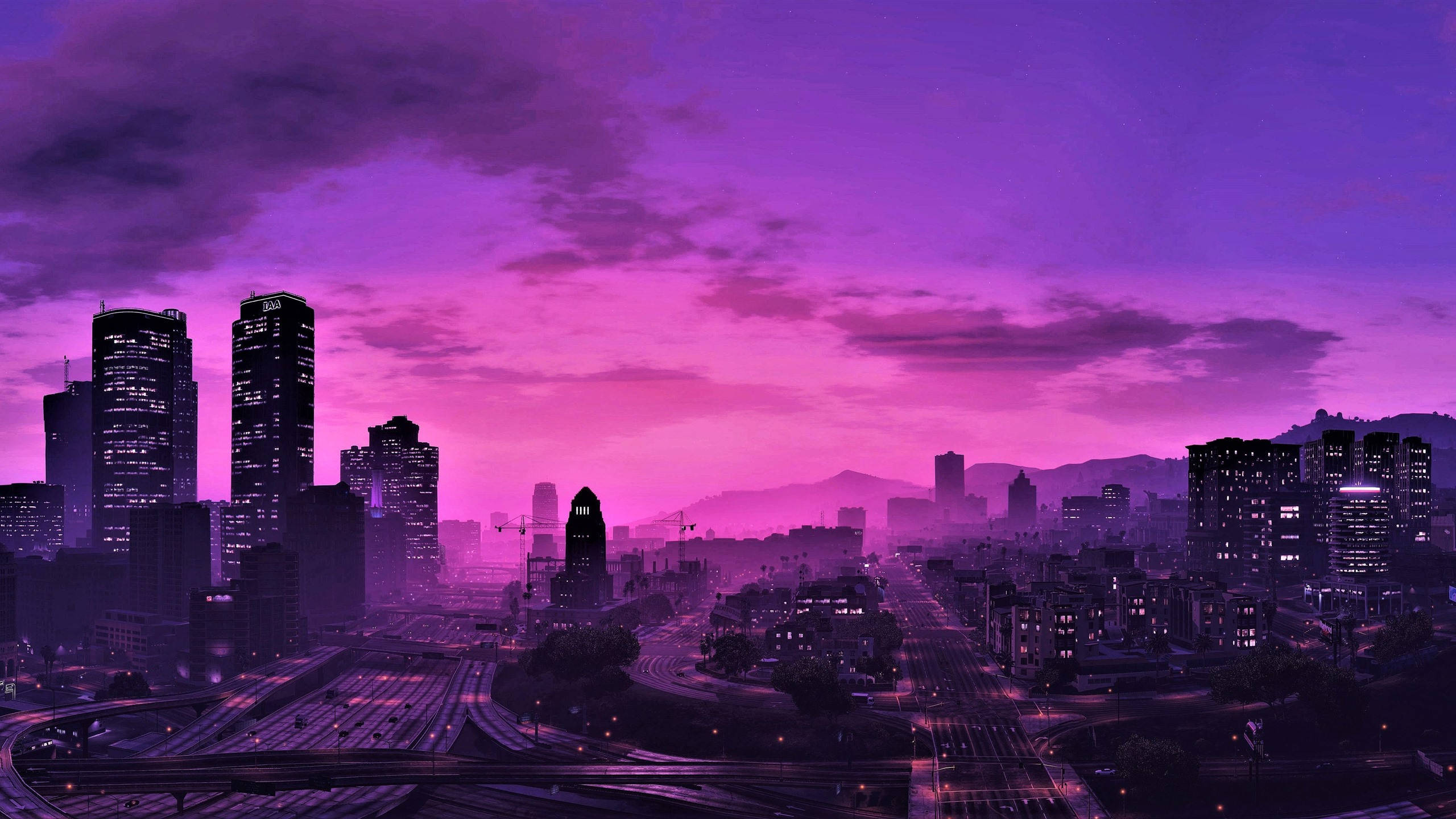 GTA 5 2560x1440 ท้องฟ้ายามค่ำคืนสีม่วง วอลเปเปอร์