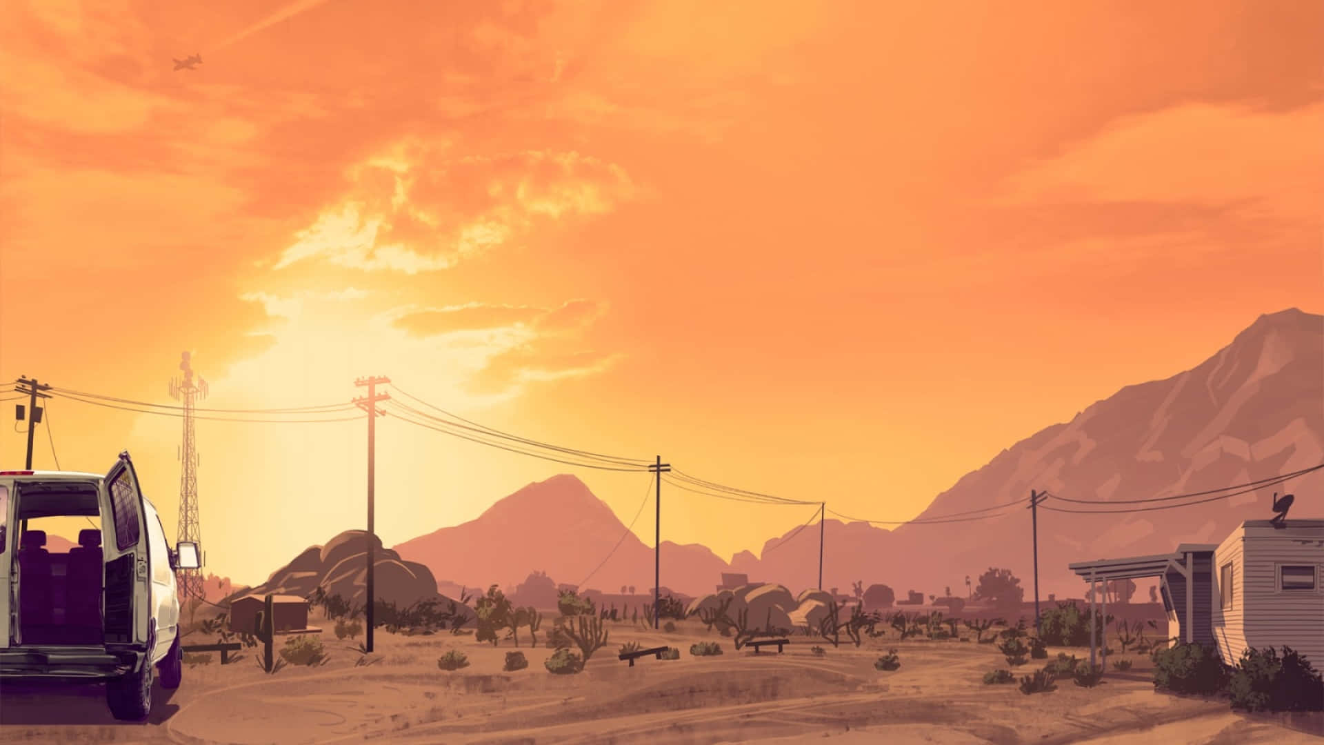 ท้องฟ้าสีส้มเหนือภูเขาในฉากหลังของ GTA วอลเปเปอร์