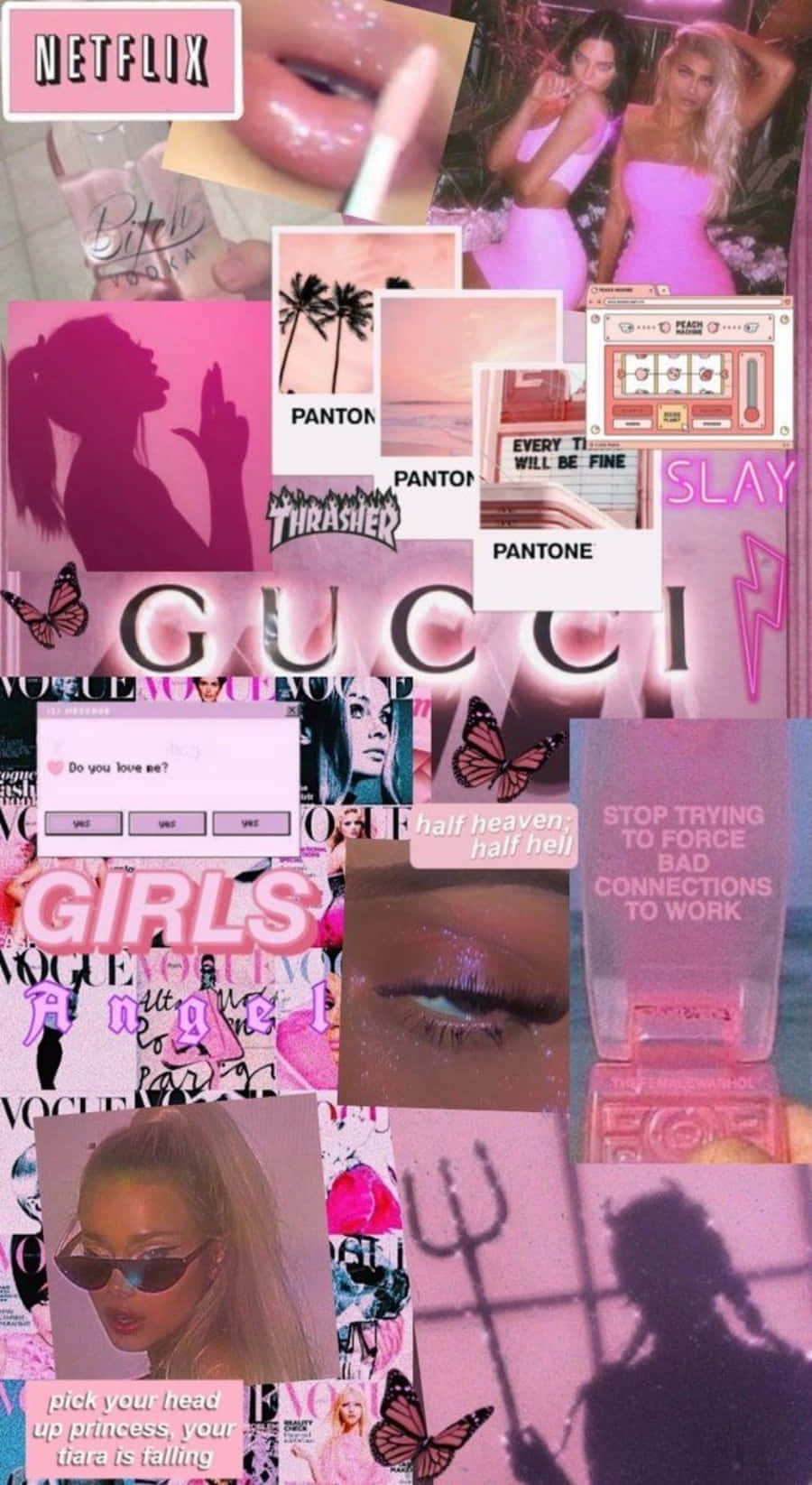 ภาพตัดปะสไตล์สวยงามสีชมพูของนางแบบแบรนด์ Gucci วอลเปเปอร์