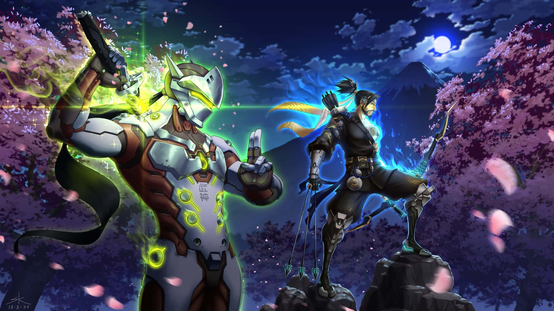 Hanzo และ Genji ตัวละคร 1920x1080 พื้นหลังกลางคืน Overwatch วอลเปเปอร์
