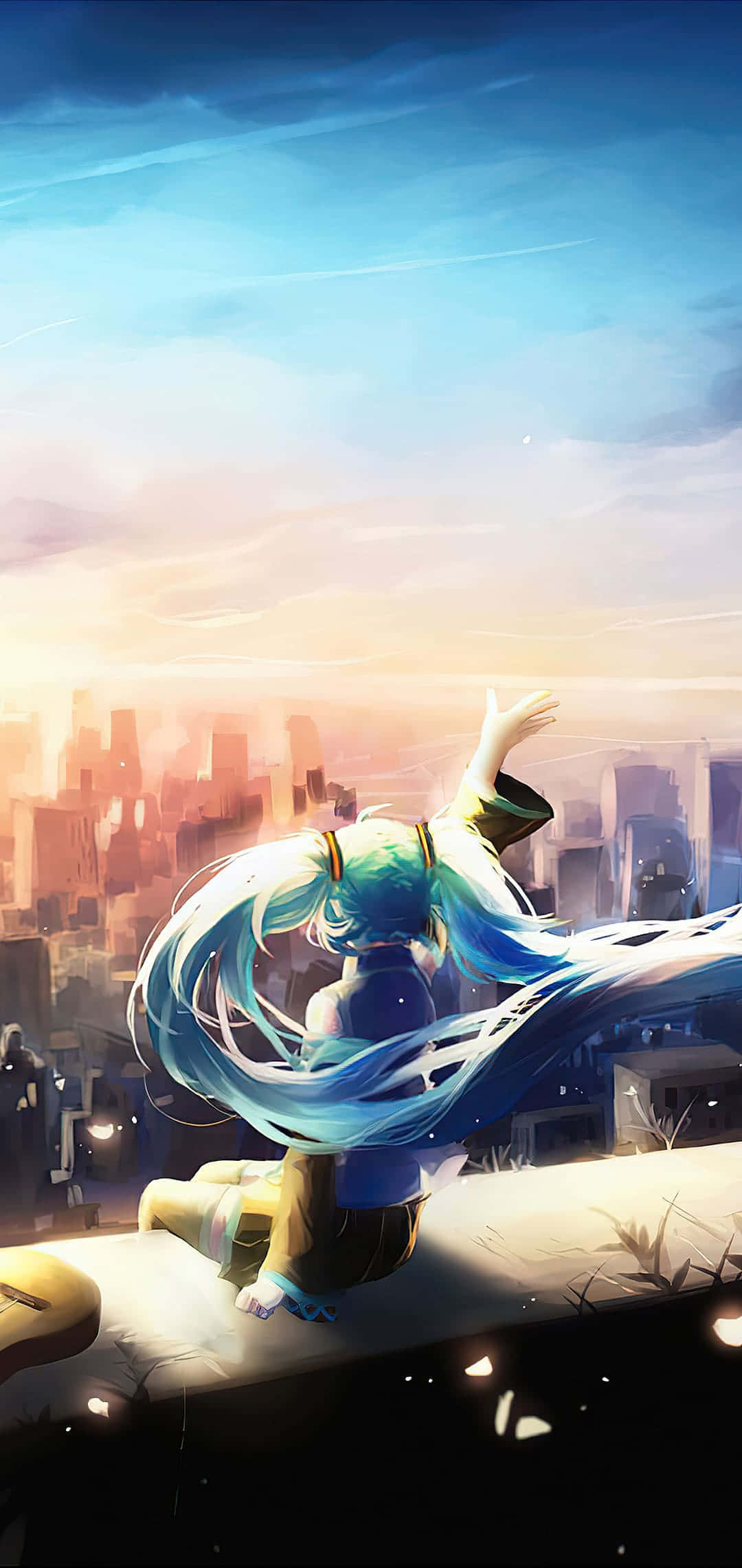 Hatsune Miku วิวเมืองบนดาดฟ้า สำหรับโทรศัพท์ วอลเปเปอร์