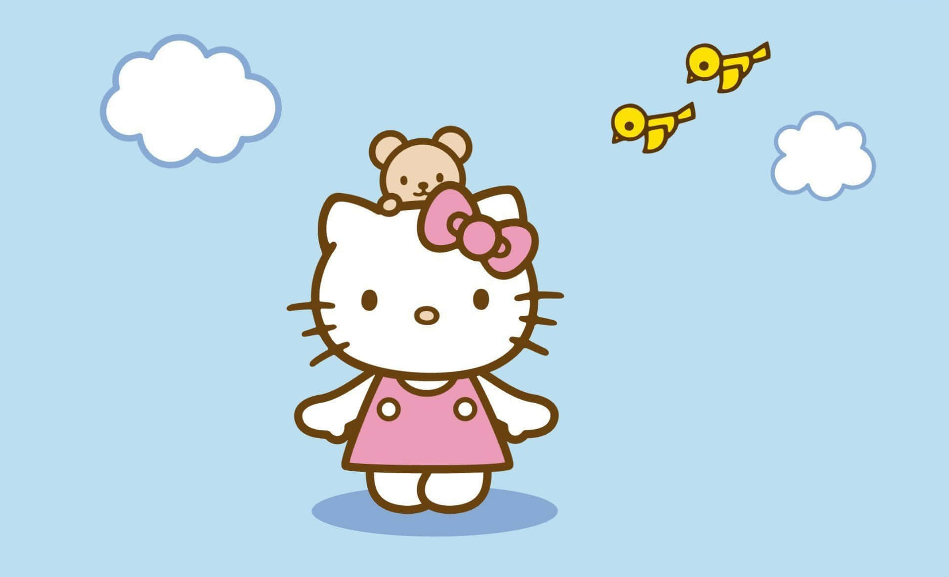 น้องแมว Hello Kitty แล็ปท็อป นกและเมฆ วอลเปเปอร์