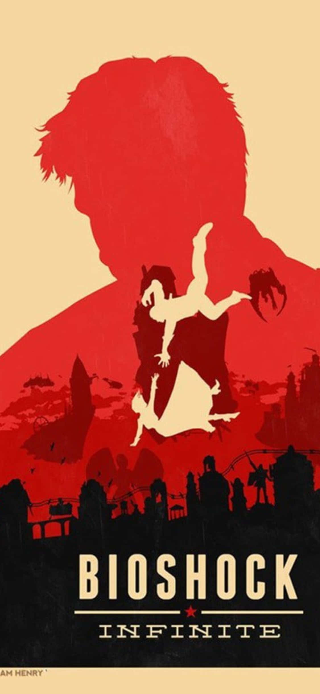 พื้นหลัง iPhone X Bioshock Infinite โปสเตอร์แดง Booker และ Elizabeth กำลังร่วงหล่น วอลเปเปอร์