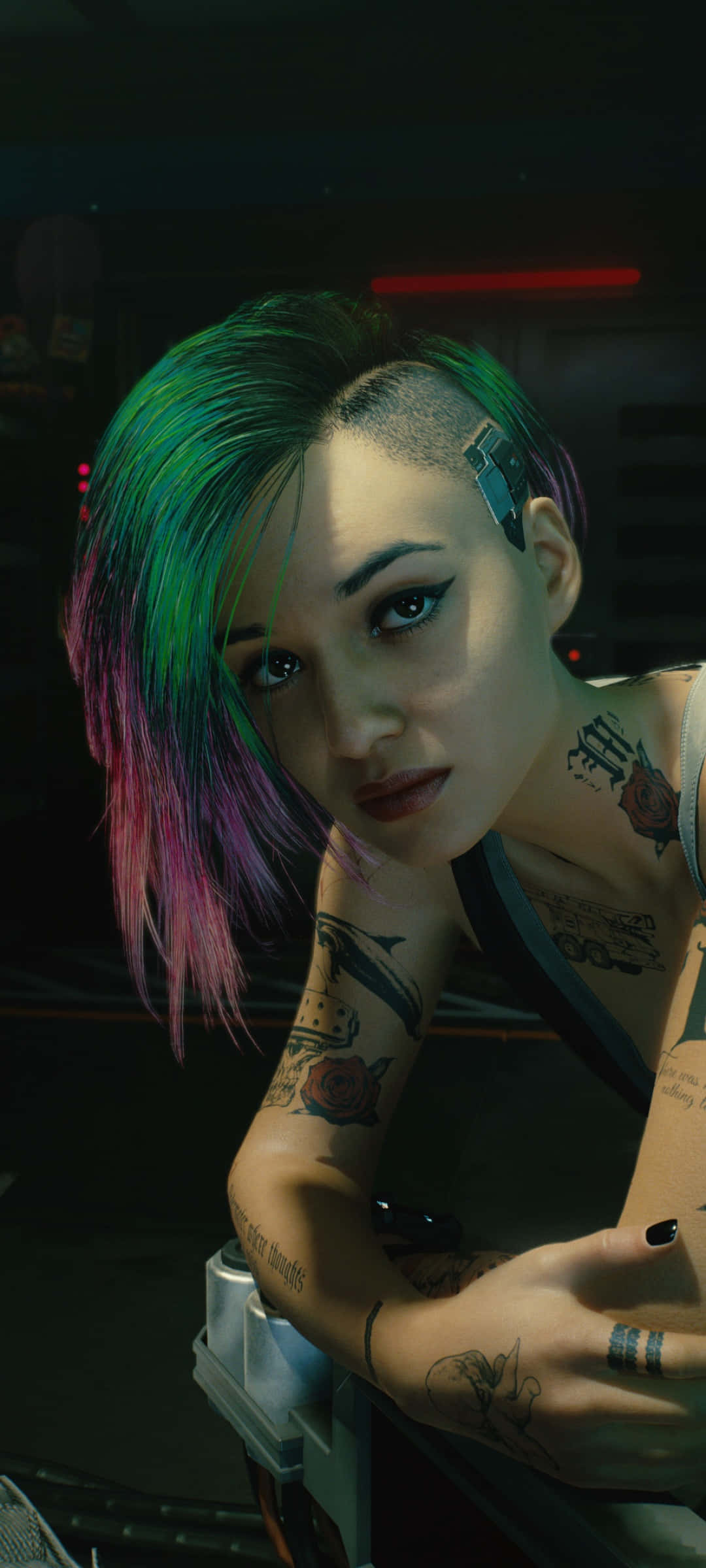 พื้นหลัง iPhone X Cyberpunk 2077 Judy Alvarez ผมสีเขียวและม่วง วอลเปเปอร์