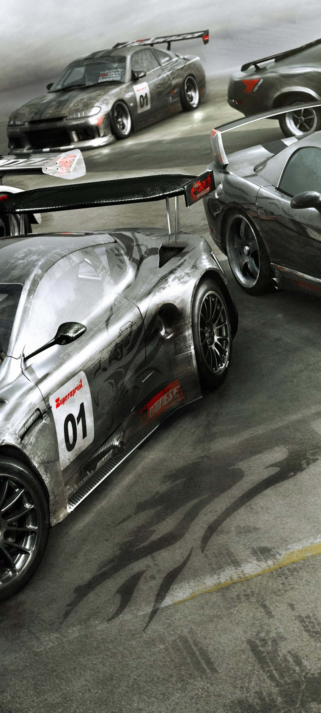 พื้นหลัง iPhone X Grid Autosport ขณะขับรถวนและควัน วอลเปเปอร์